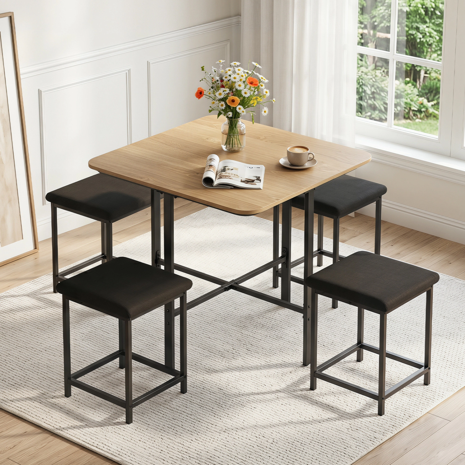 LJG Dining Table Set with 4 Upholstered Stools and Metal Frame