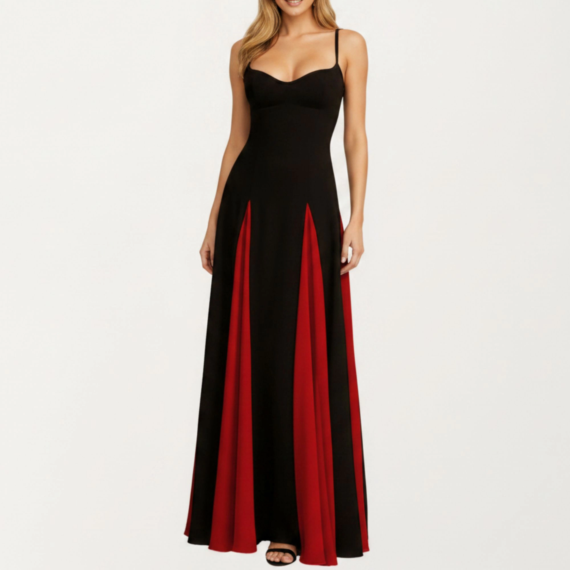 Anna-Kaci Women's Spaghetti Strap Fitted Contrast Panel Floor Length Dress