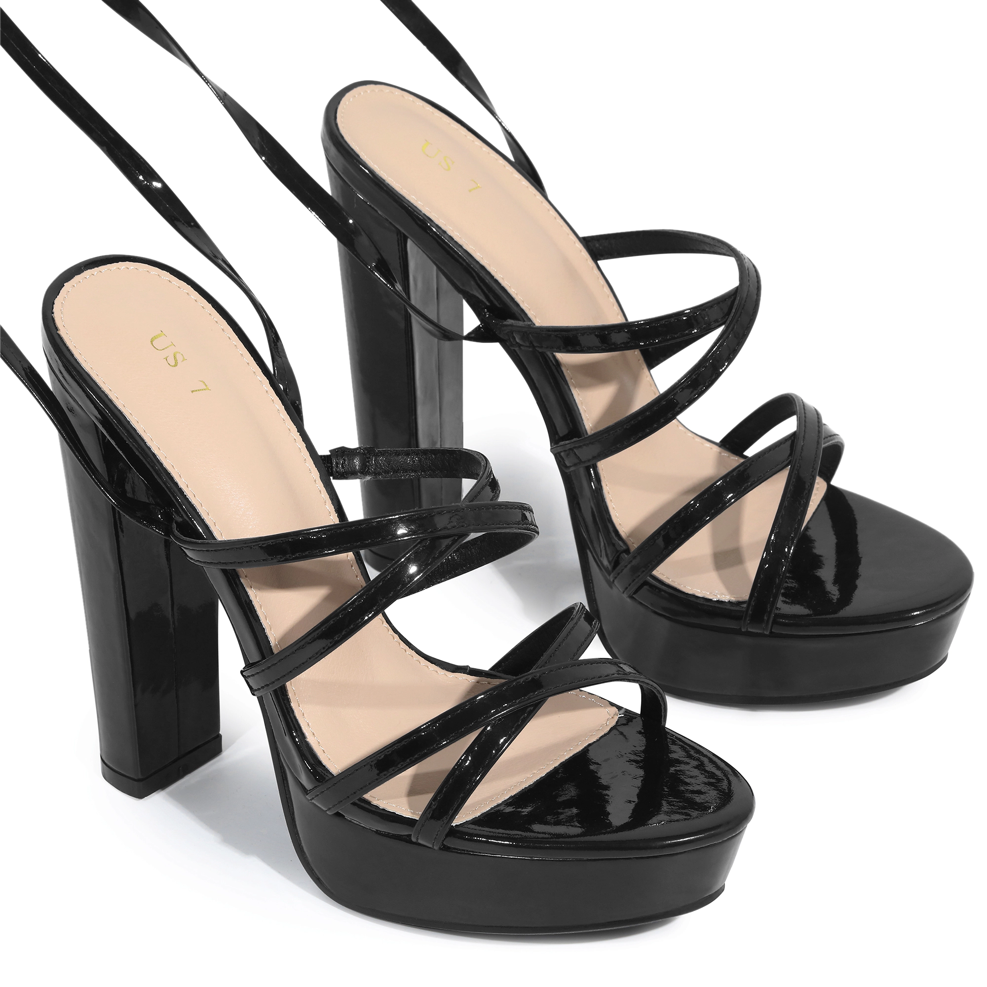 BLISSFUL STEP Women's Chunky Platform Strappy Lace Up Block Heel Sandals