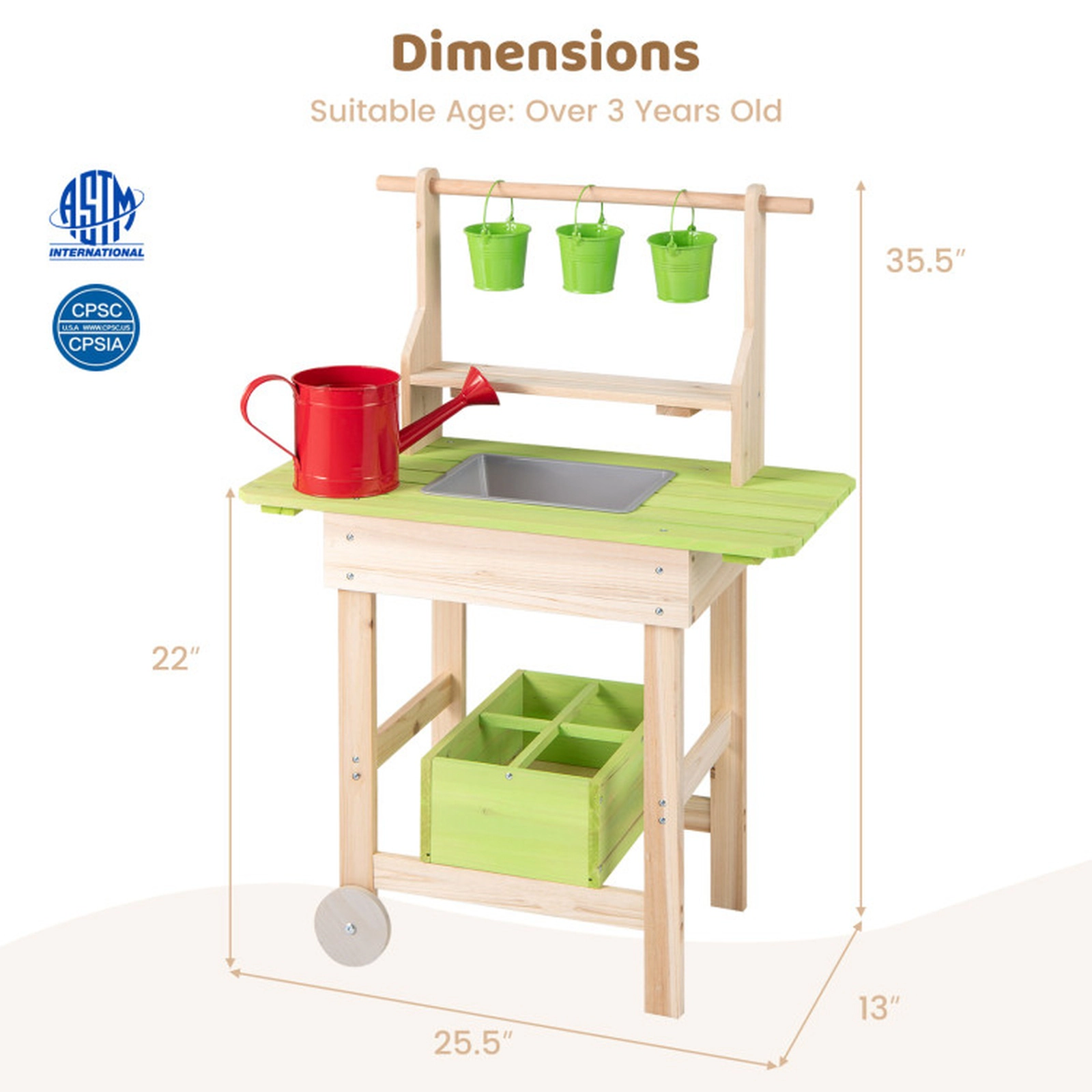 SUGIFT Kids Mud Kitchen with Flowerpots Watering Can Planting Trough & Storage Box 35.5-in Tall Ages 3+ Natural & Green