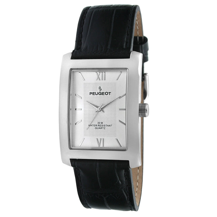 Peugeot Men's 30X40mm Silver Tank Shape Watch with Black Strap