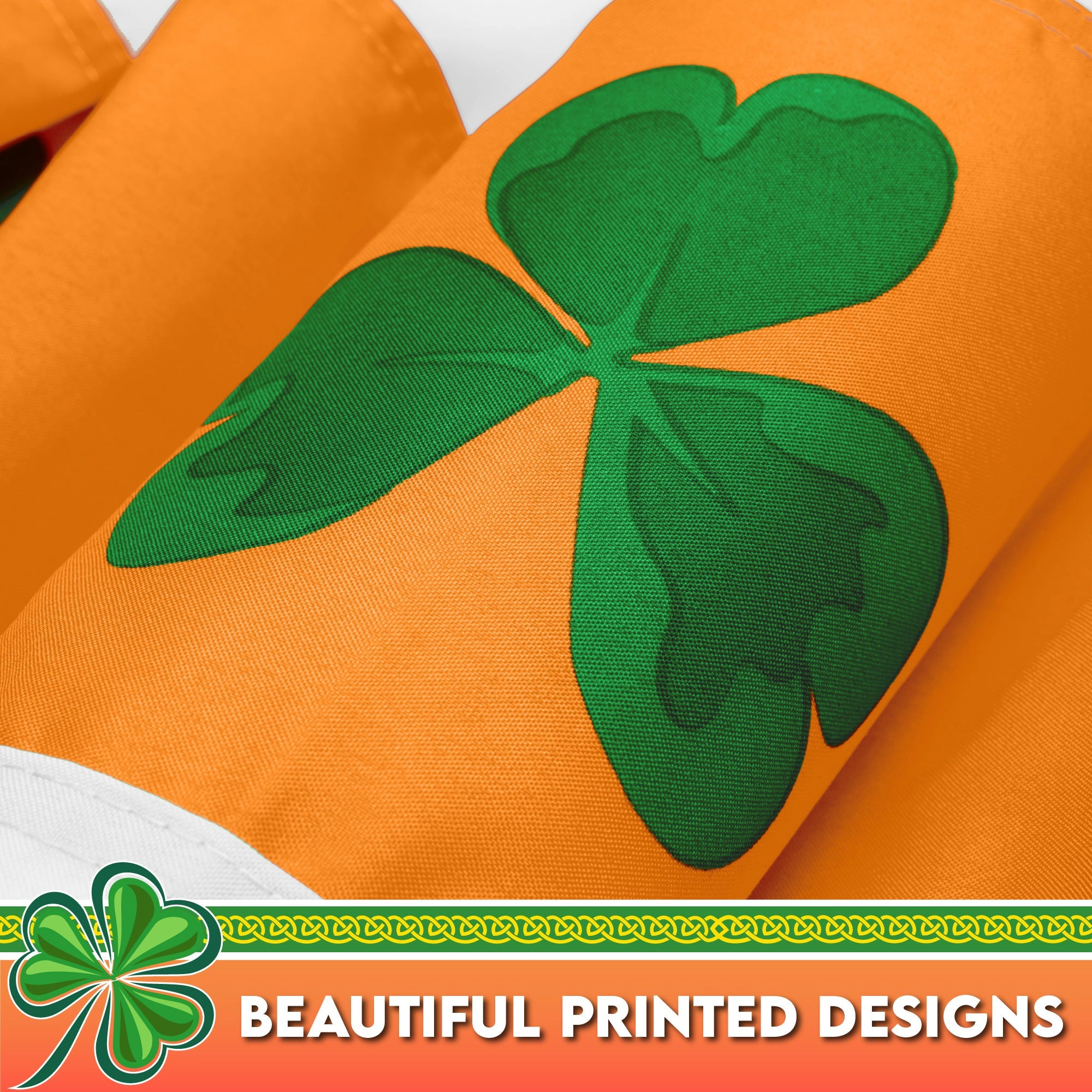 G128 Ireland Shamrock Pleated Fan Flag 1.5x3 ft, 150D Polyester, Brass Grommets, Indoor/Outdoor St. Patrick's Day Decor