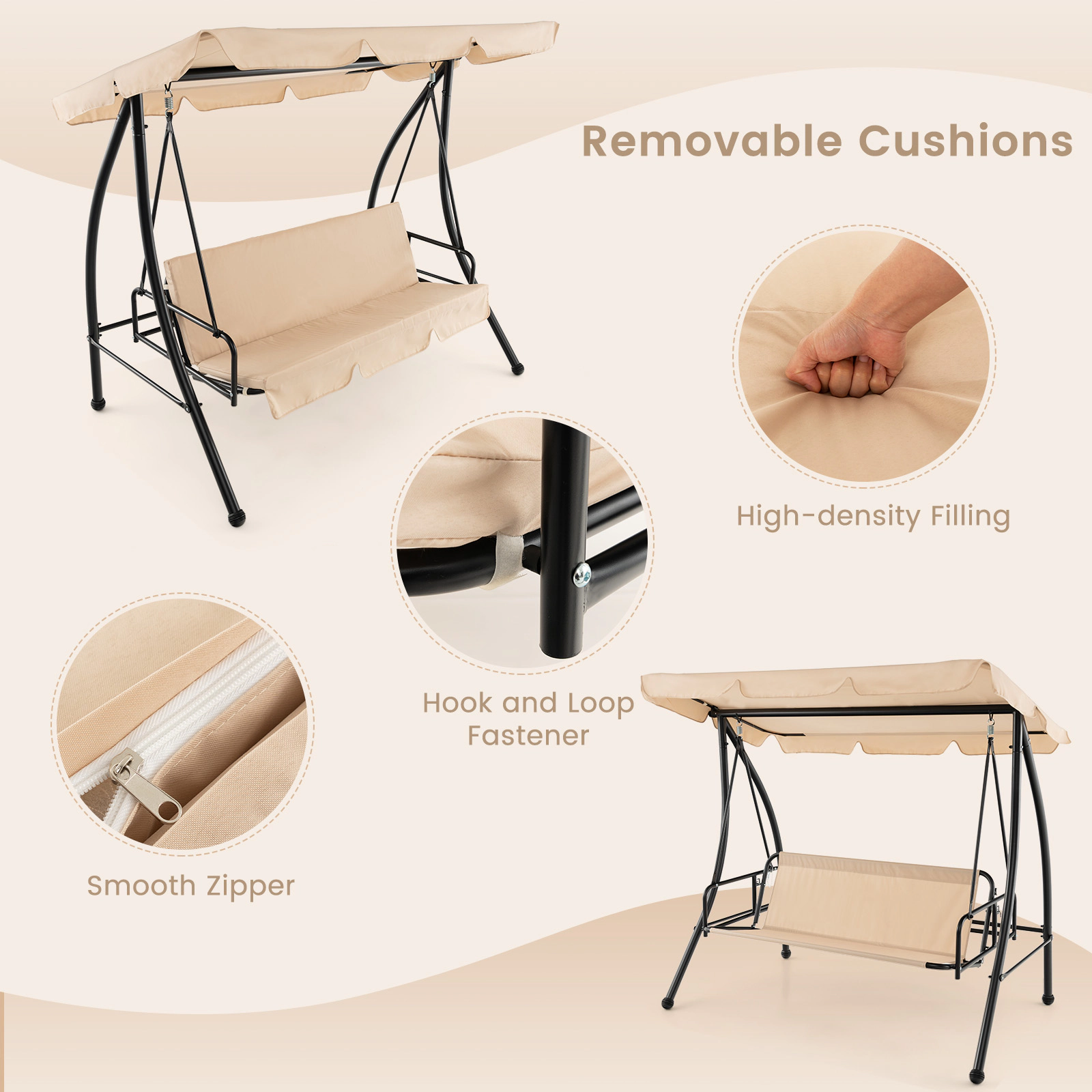 SUGIFT Convertible 2-Seat Outdoor Swing Chair with Flat Bed and Adjustable Canopy Beige