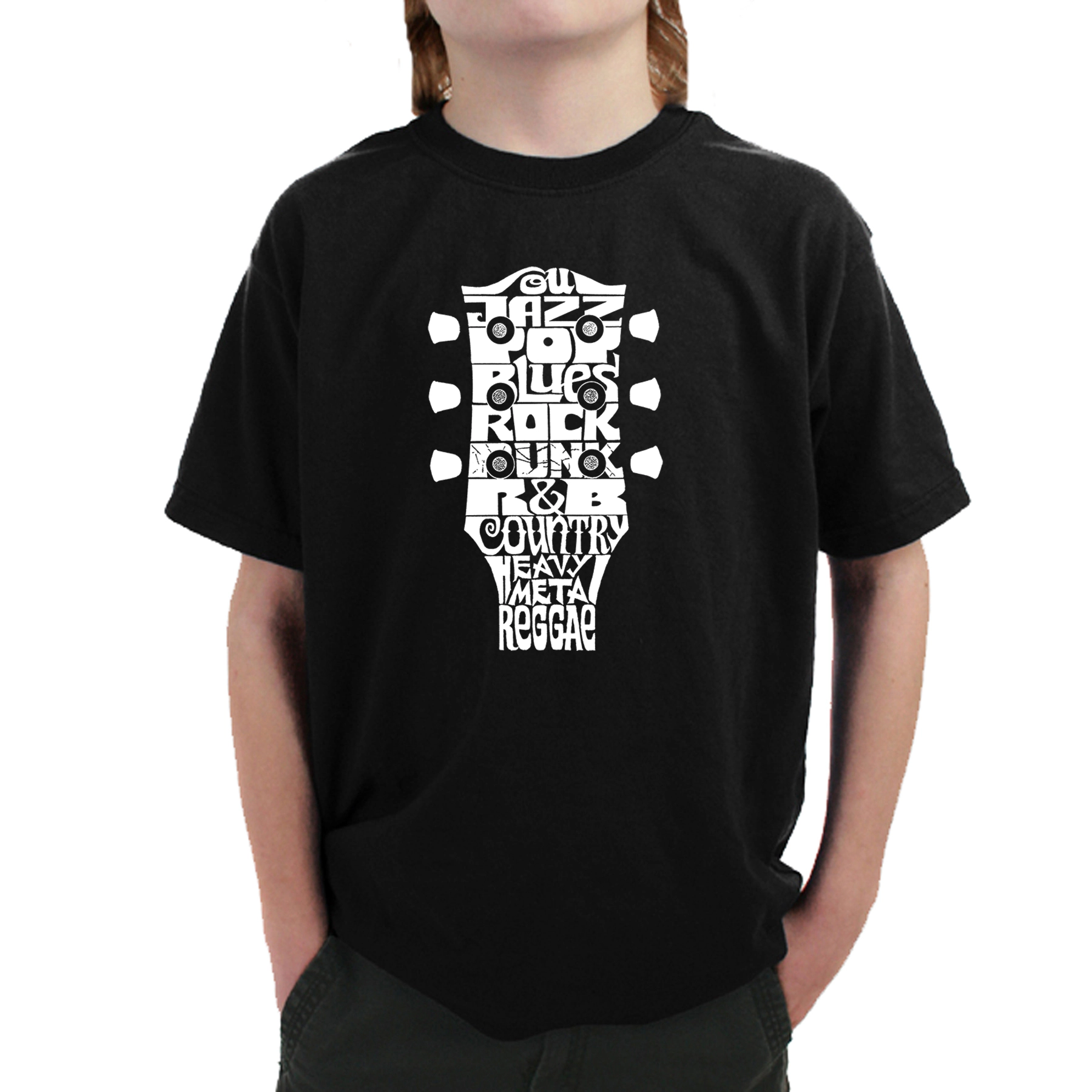 LA Pop Art Boy's Word T-Shirt - Guitar Head Music Genres