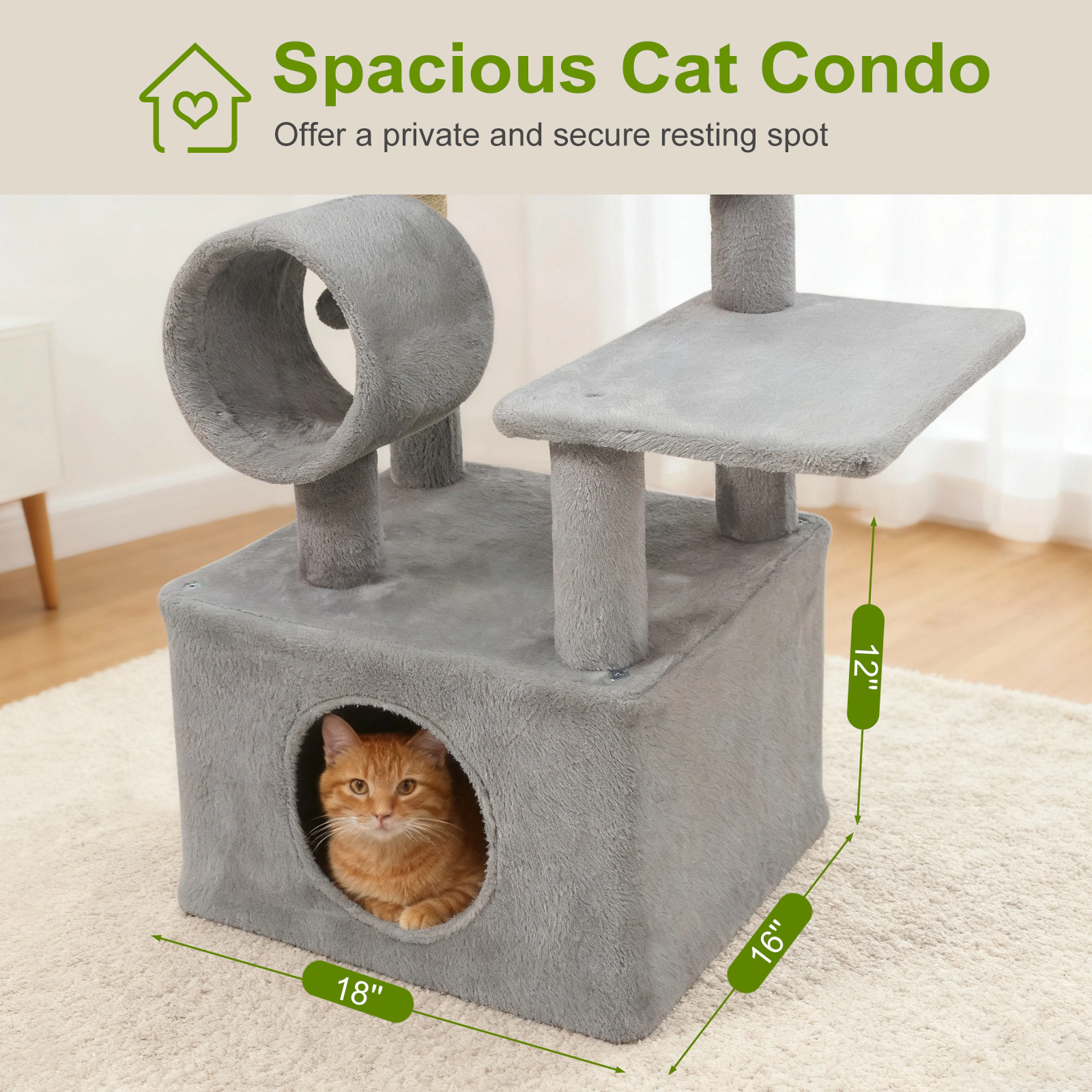 SUGIFT 48-in Light Gray Multi-Level Kitten Cat Tree Tower with Cylinder Tunnel Large Condo and Jute Posts