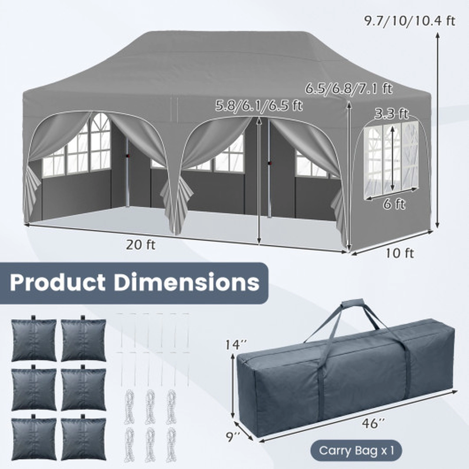 SUGIFT 10 x 20-ft Pop Up Patio Canopy Tent with 6 Removable Sidewalls and Church Windows 10.4-ft H Gray