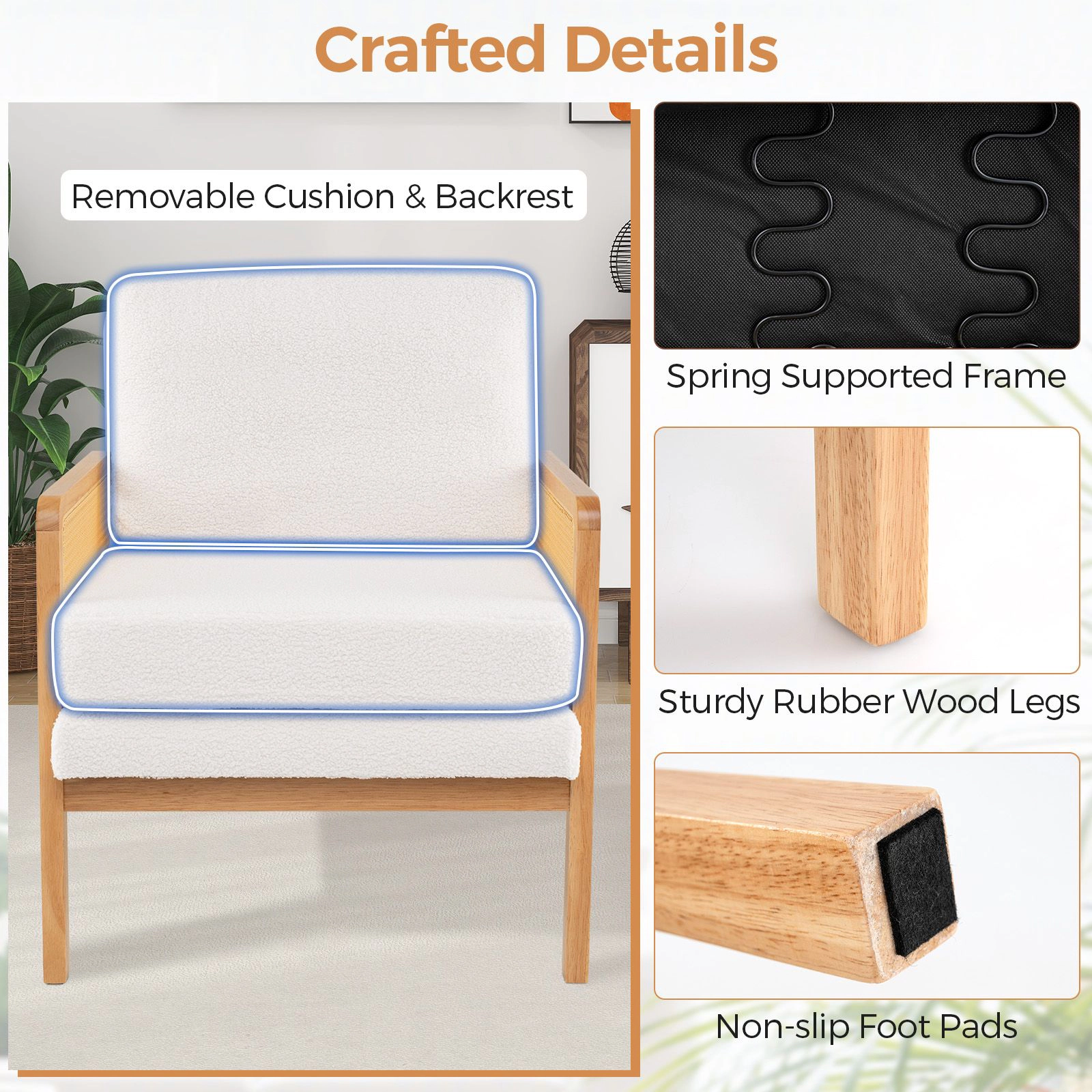SlickBlue Mid-Century Accent Chair with Rattan Arms & Soft Cushion