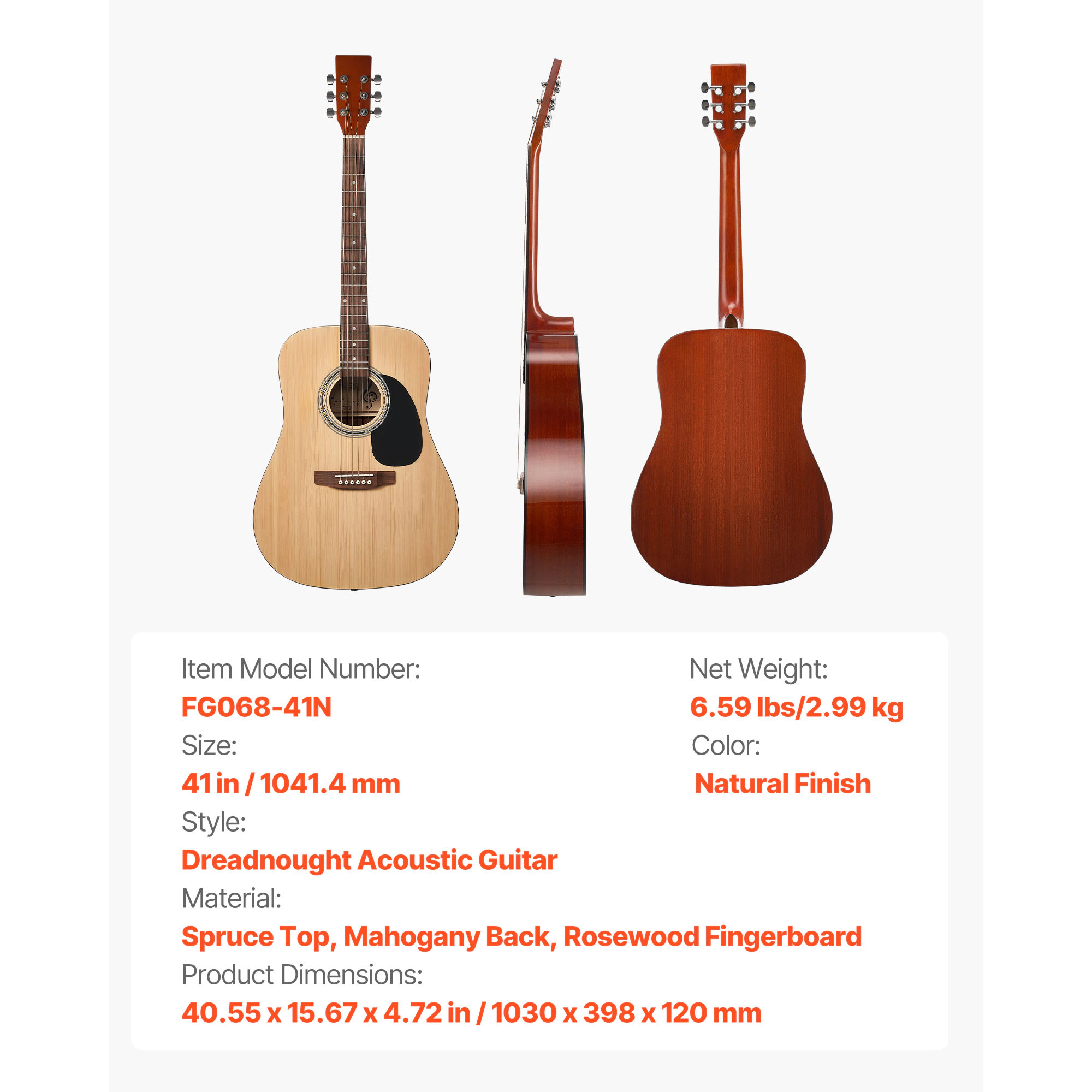 HONGGE Dreadnought Acoustic Guitar, 6-String Solid Top Guitar Bundle with Gig Bag, Tuner, Strap, Strings, Picks, Capo