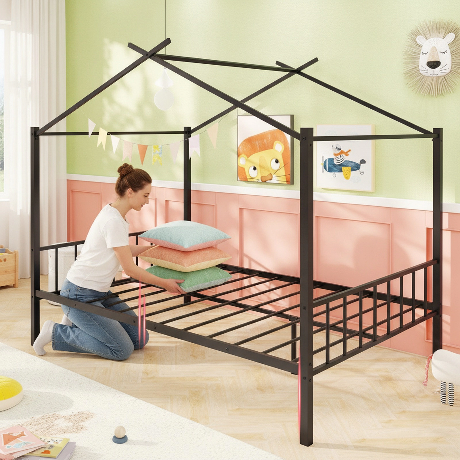 SUGIFT Full-Size Metal House Bed for Kids, 2 Zippered Drawers, Black
