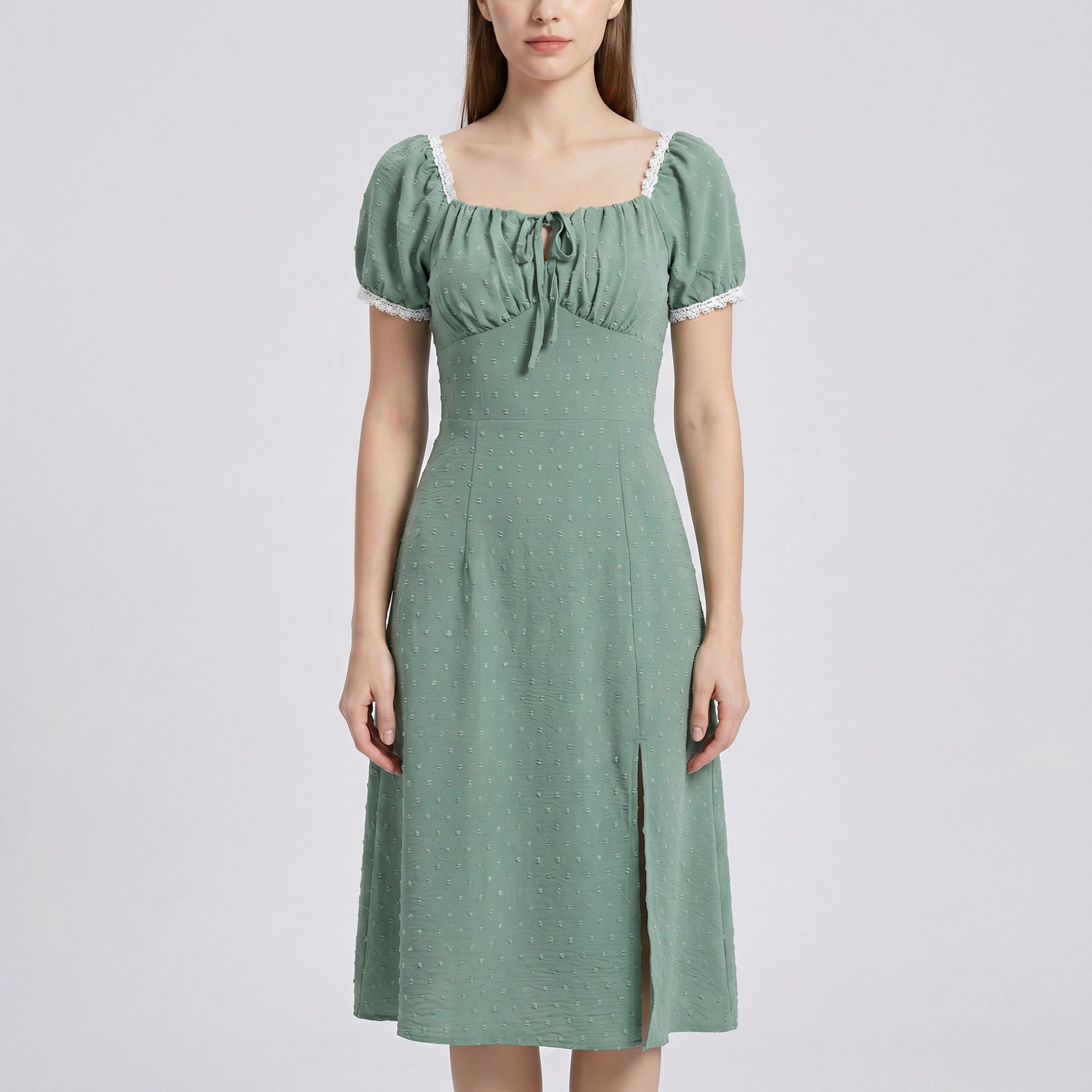 Anna-Kaci Women's Swiss Dot Puff Sleeve Lace Trim Square Neck Tie Front Slit Fitted Midi Dress