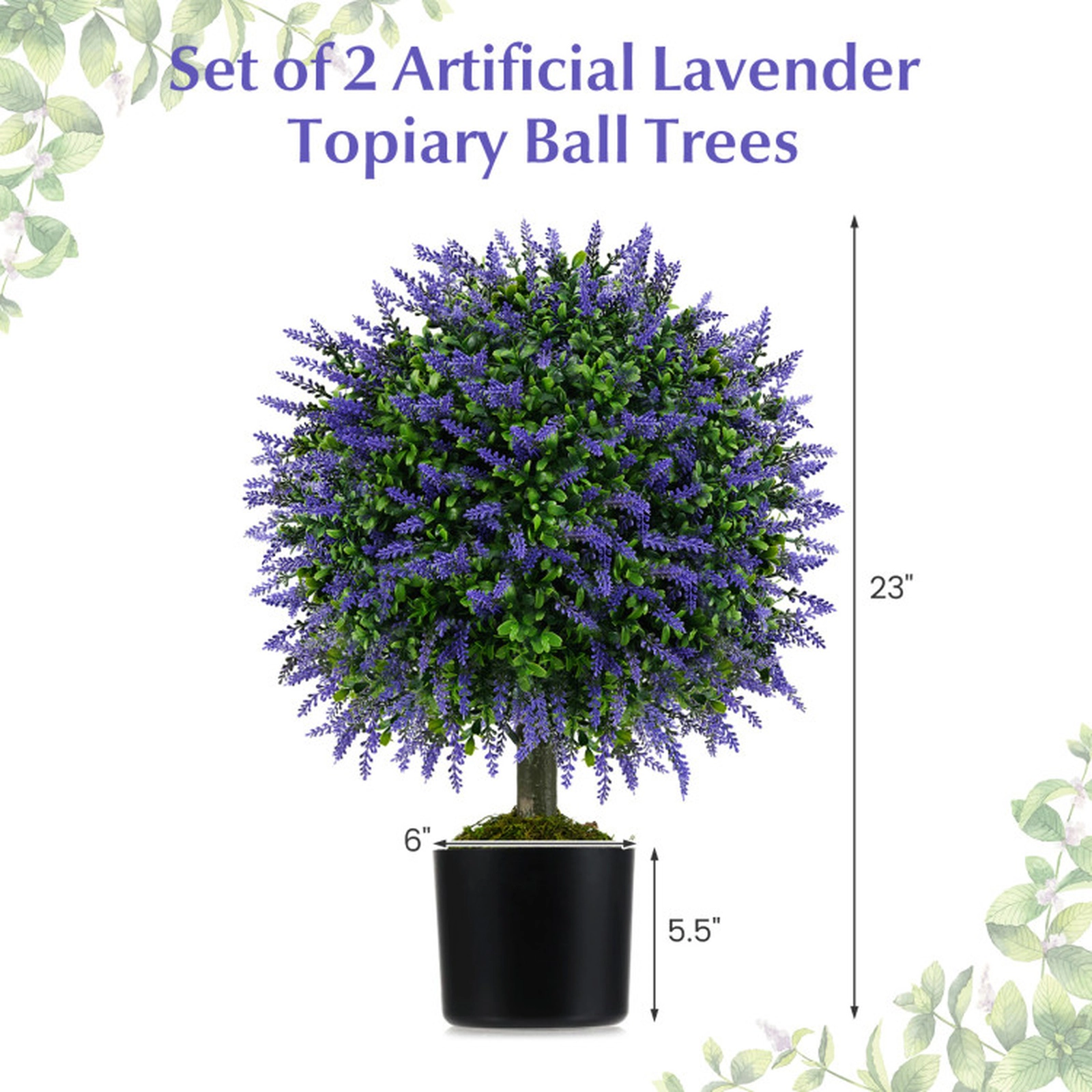SUGIFT Set of 2 Artificial Lavender Topiary Ball Trees 23-in Tall with 6 x 5.5-in Cement-Filled Pot Green & Purple