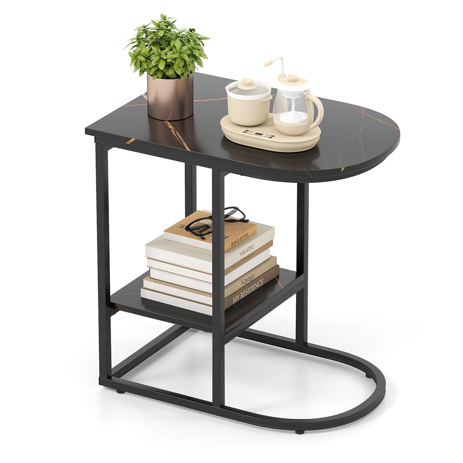 Glintex C-Shaped Side Table with Faux Marble Top and Low-Profile Metal Base