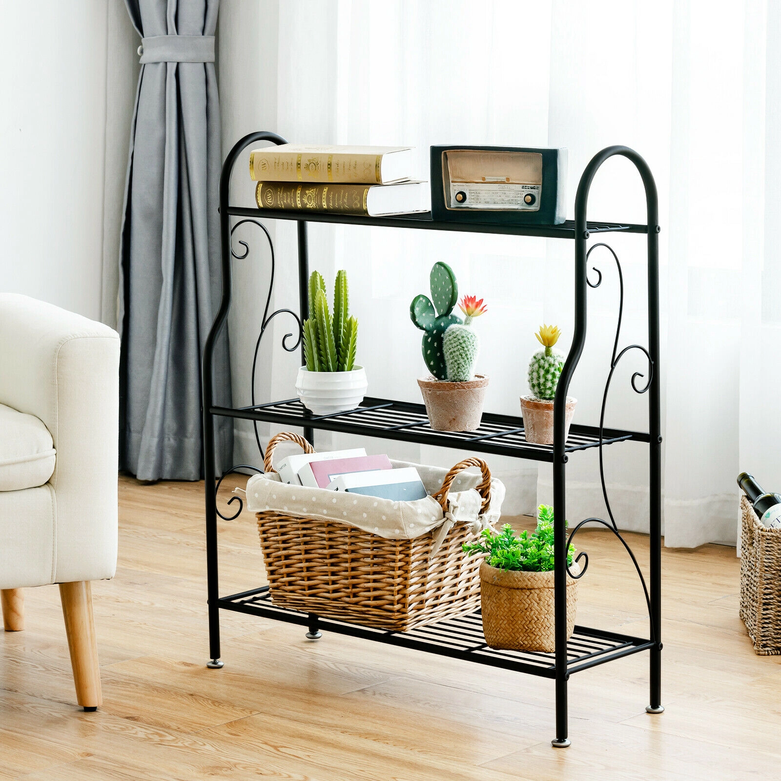 SlickBlue Metal 3 Tier Plant Stand Black Steel Storage Rack for Plants Books Shoes Home Use