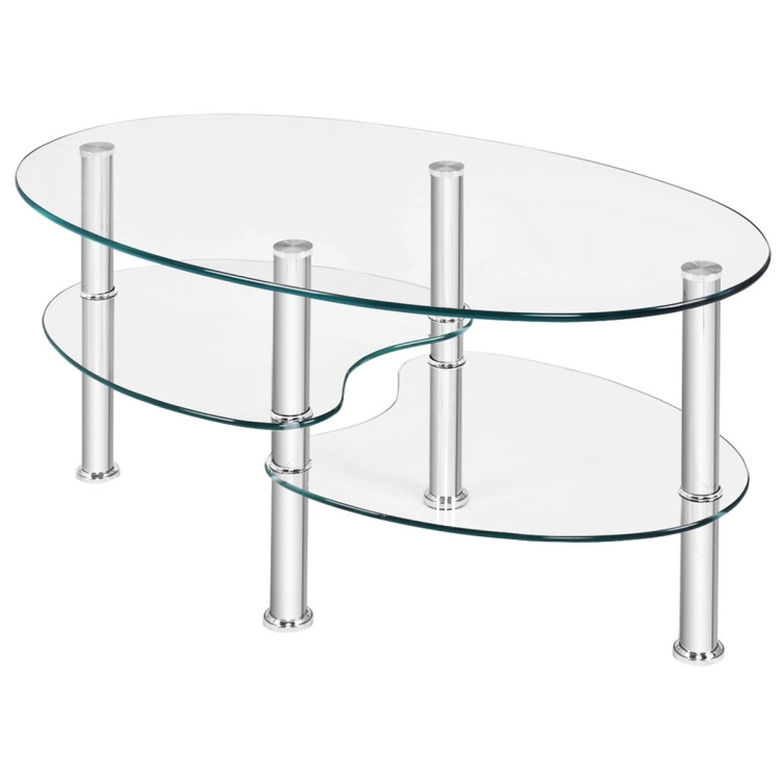 SUGIFT Tempered Glass Oval Side Coffee Table with 2 Shelves 90-lb Top Capacity 35-in Long Black/Transparent