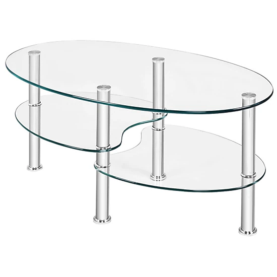 SUGIFT Tempered Glass Oval Side Coffee Table with 2 Shelves 90-lb Top Capacity 35-in Long Black/Transparent