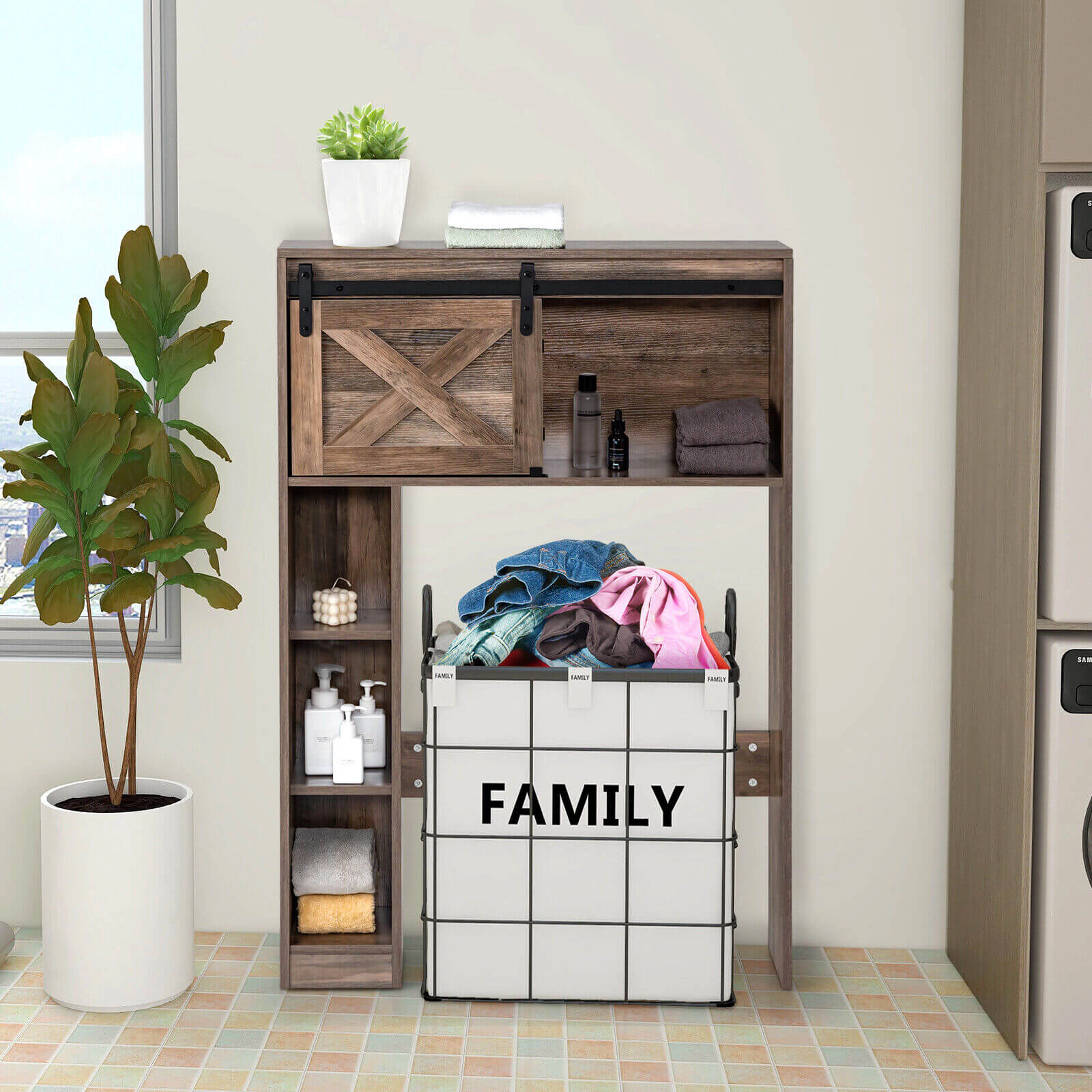 SUGIFT 4-Tier Over The Toilet Storage Cabinet with Sliding Barn Door 154-lb Top Capacity White/Rustic Brown