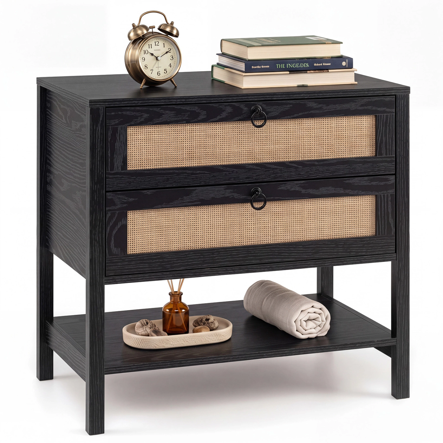 Glintex Boho Rattan Nightstand with 2 Drawers Open Shelf and 200-Lb Capacity