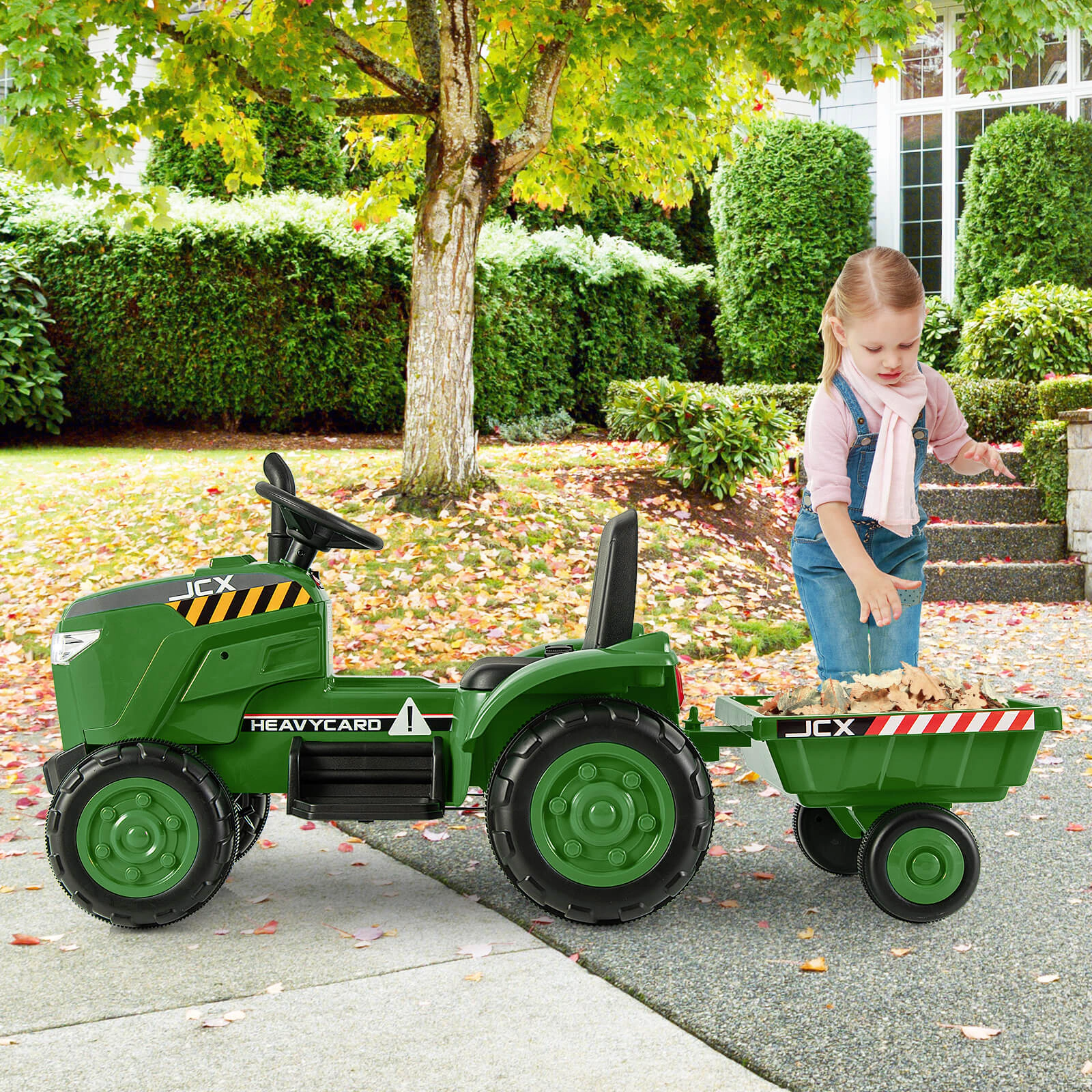 Costway 2-in-1 Electric Toy Car 12V Kids Ride On Tractor w/Trailer Remote Control Lights Pink