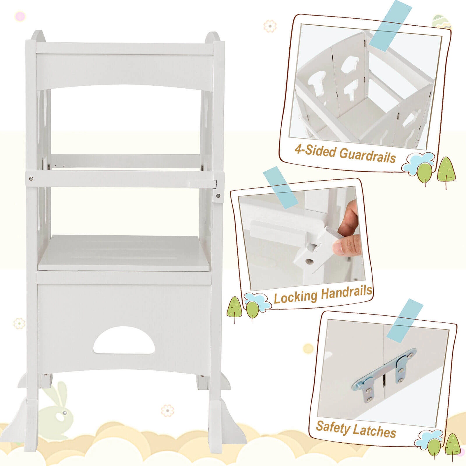 SUGIFT White Lockable Safety Rail for Age 3 and Up Folding Wooden Kids Step Stool