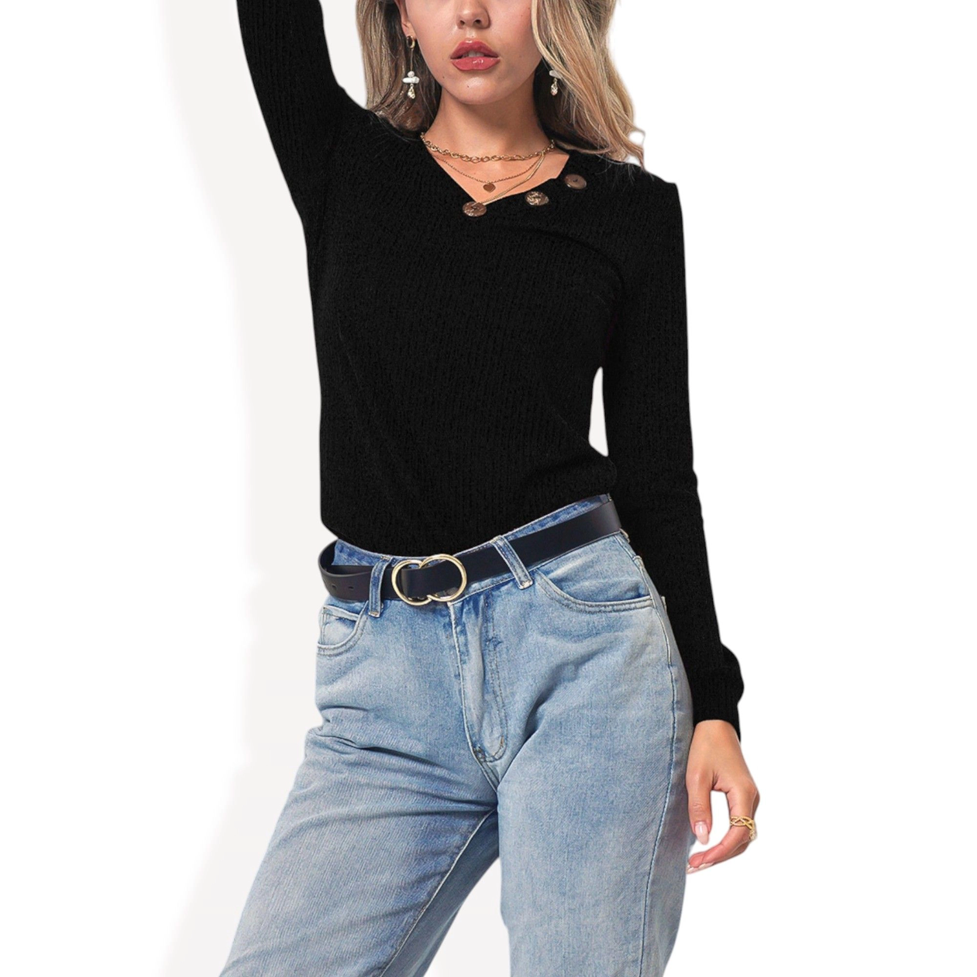 Anna-Kaci Women's Long Sleeve Knit Top with Asymmetrical Button Detail and Ribbed Texture