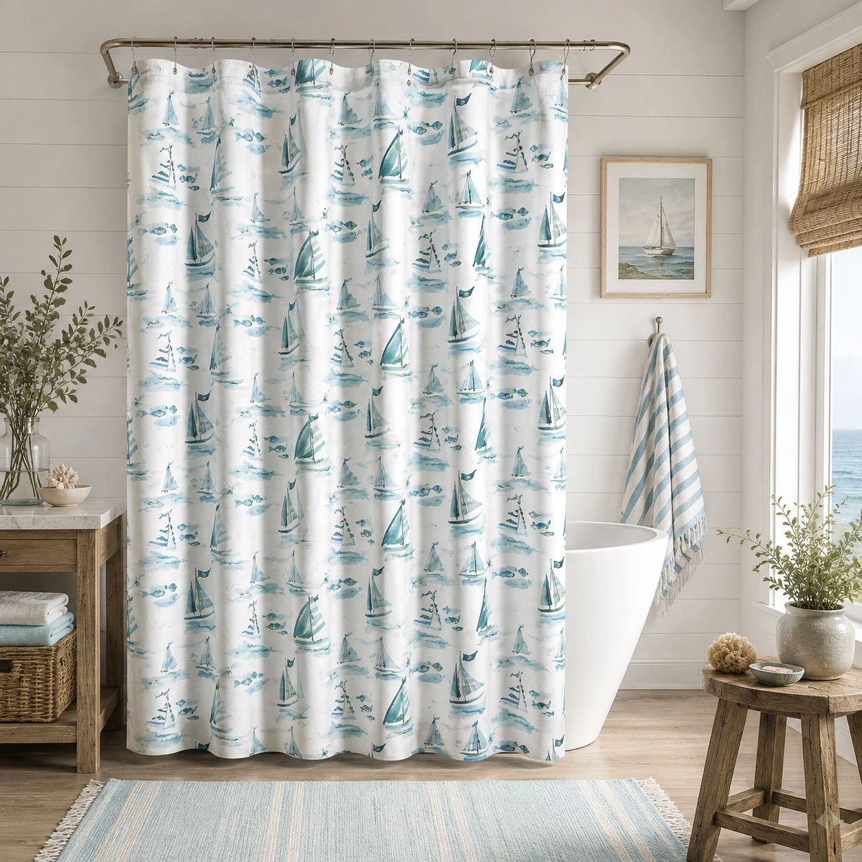 Kate Aurora Maritime Blues Coastal Sailboats And Fish Fabric Shower Curtain - 72 in. Wide x Long