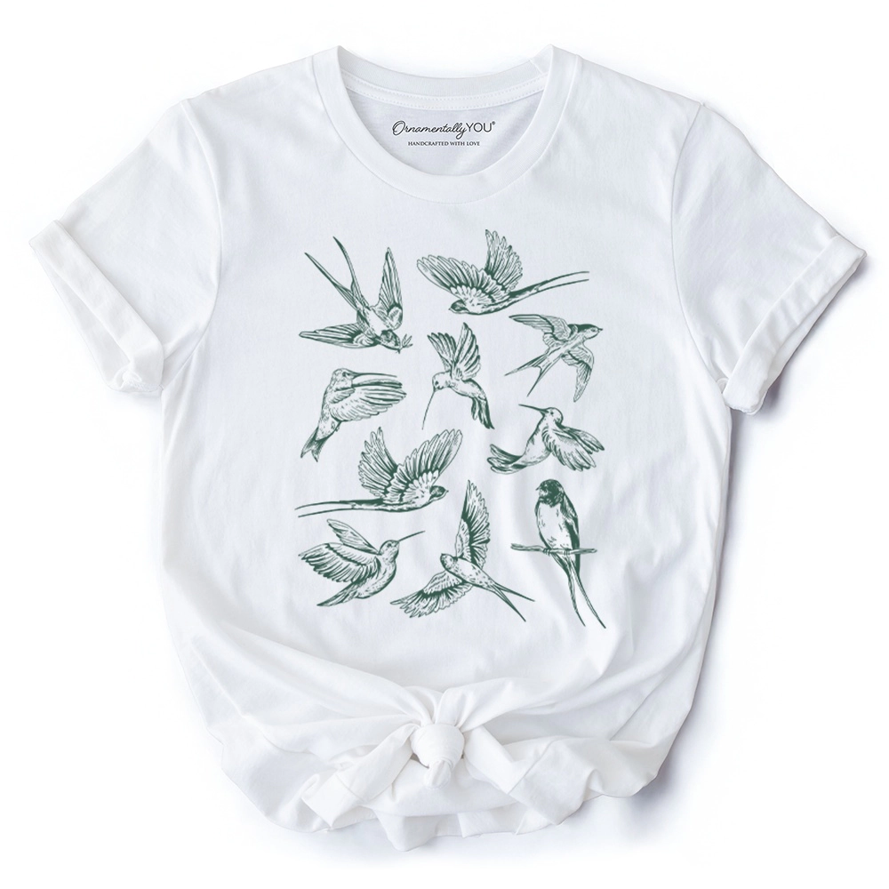 OrnamentallyYou Unisex Retro Vintage Green Bird Illustration T-Shirt