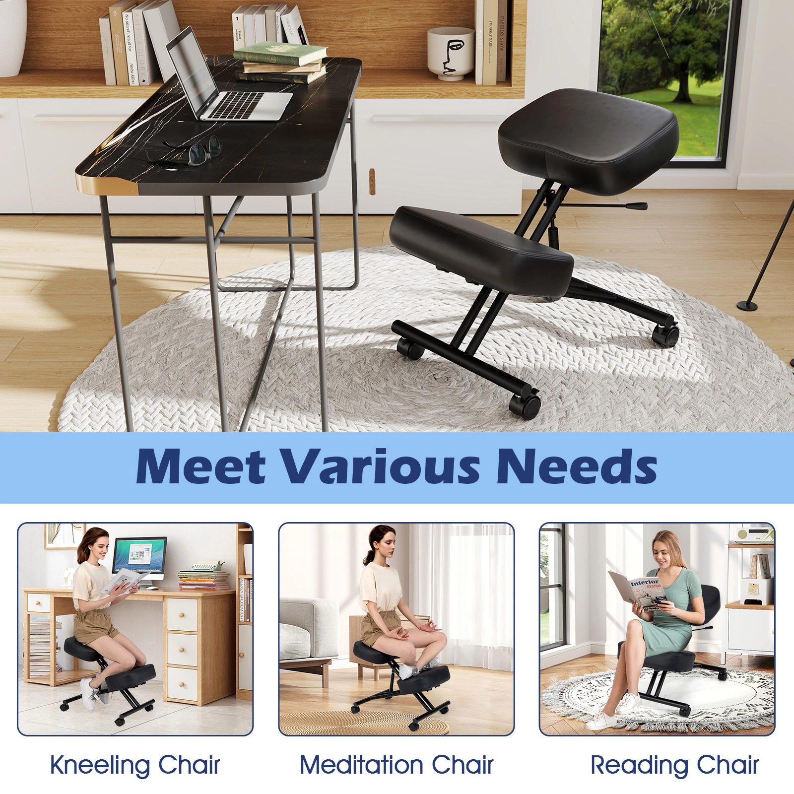 SUGIFT Adjustable Height 220-lb Capacity Black Faux Leather Kneeling Chair with Lockable Brake Wheels