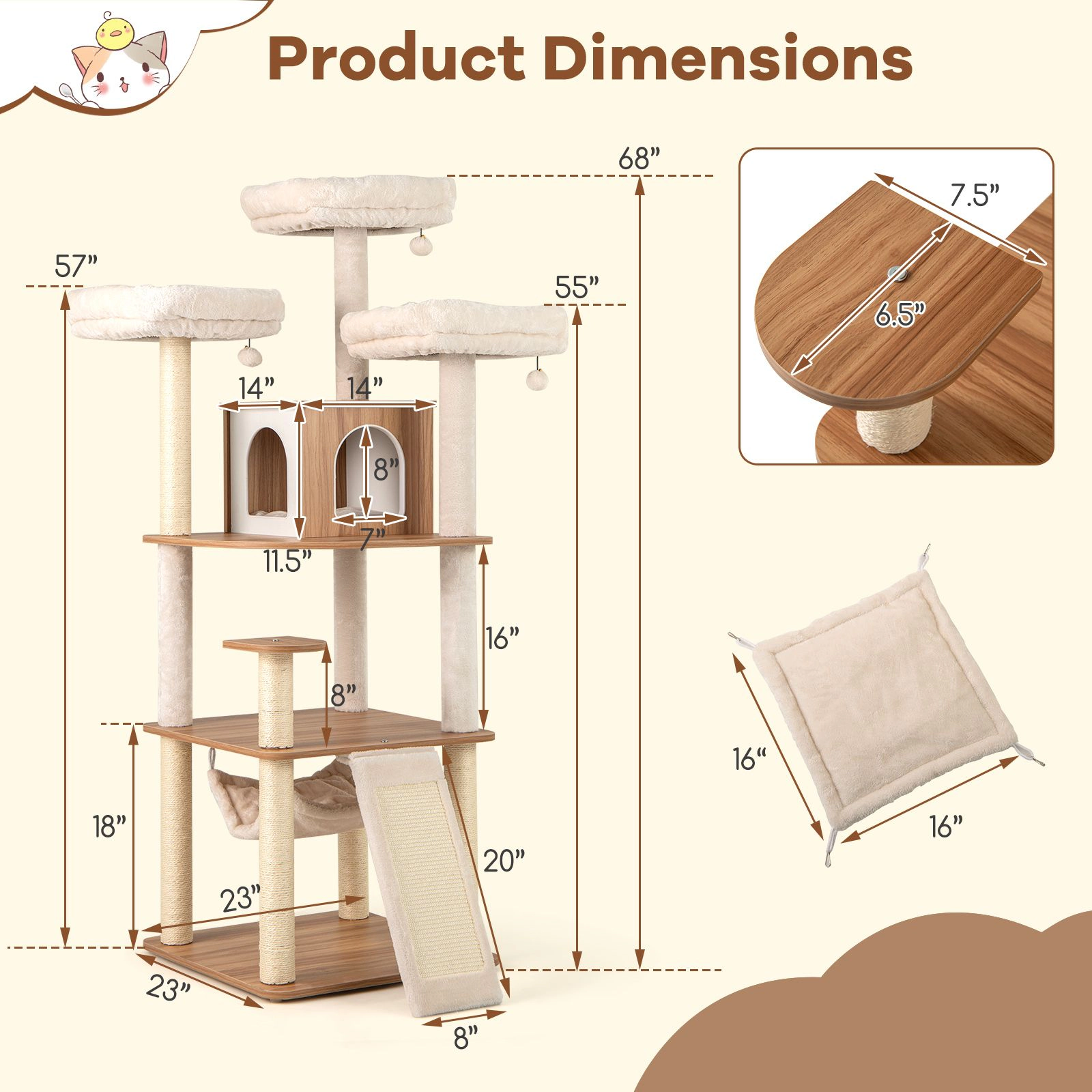 SlickBlue 68 Inch Multi-Level Cat Tree with Condo & Hammock