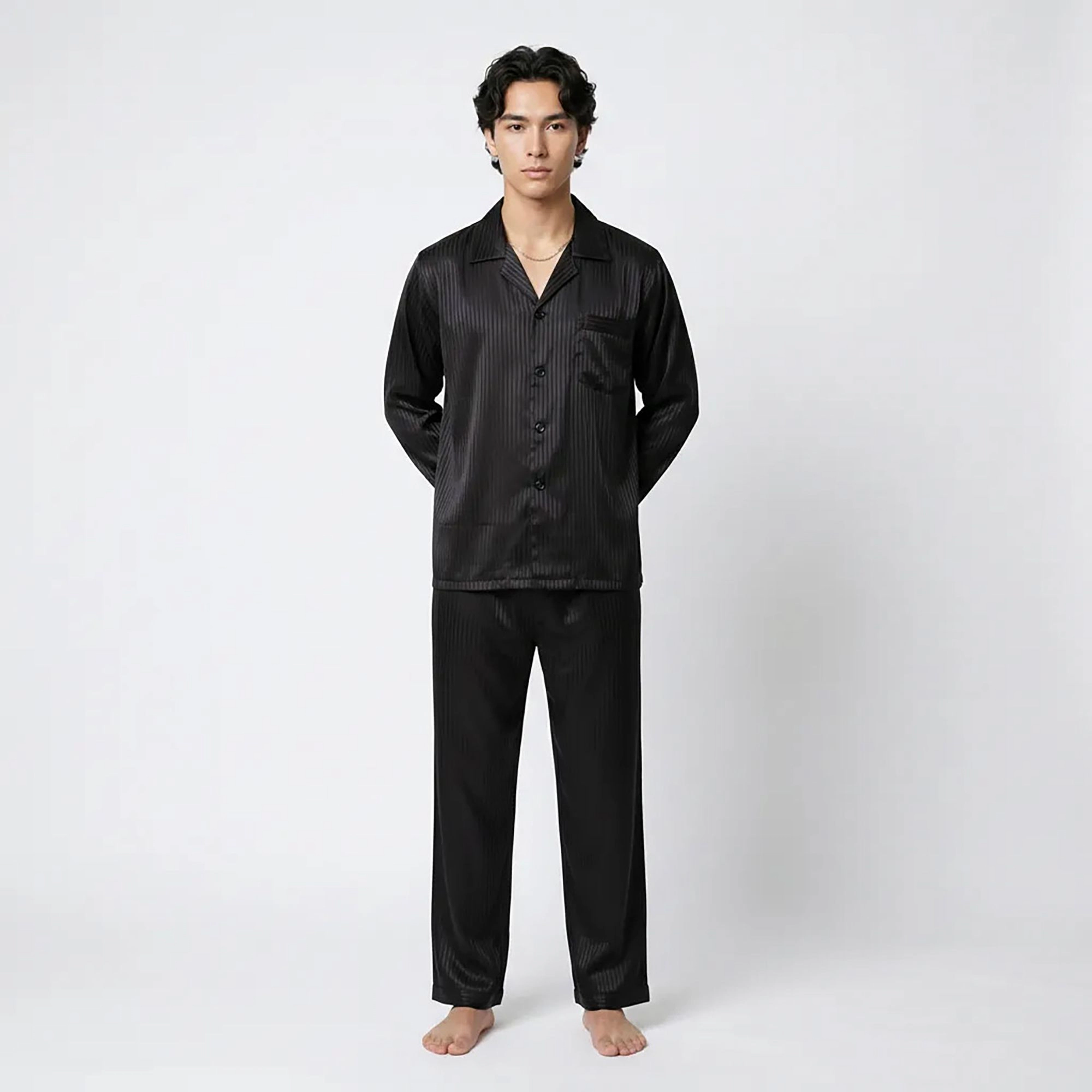 Anna-Kaci Men's 2-Piece Satin Pajamas with Subtle Stripe Pattern and Button Up Top