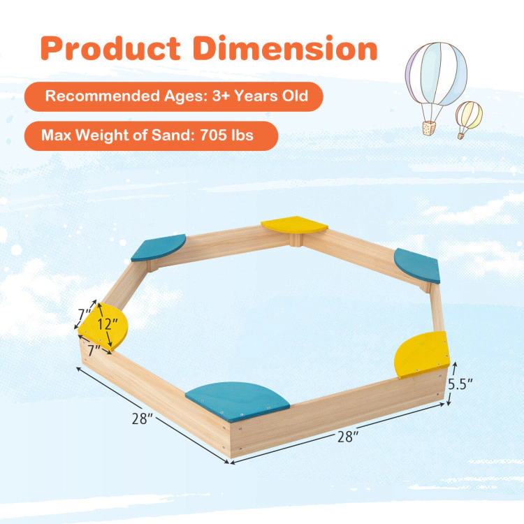 Hivvago Outdoor Solid Wood Sandbox with 6 Built-in Fan-shaped Seats
