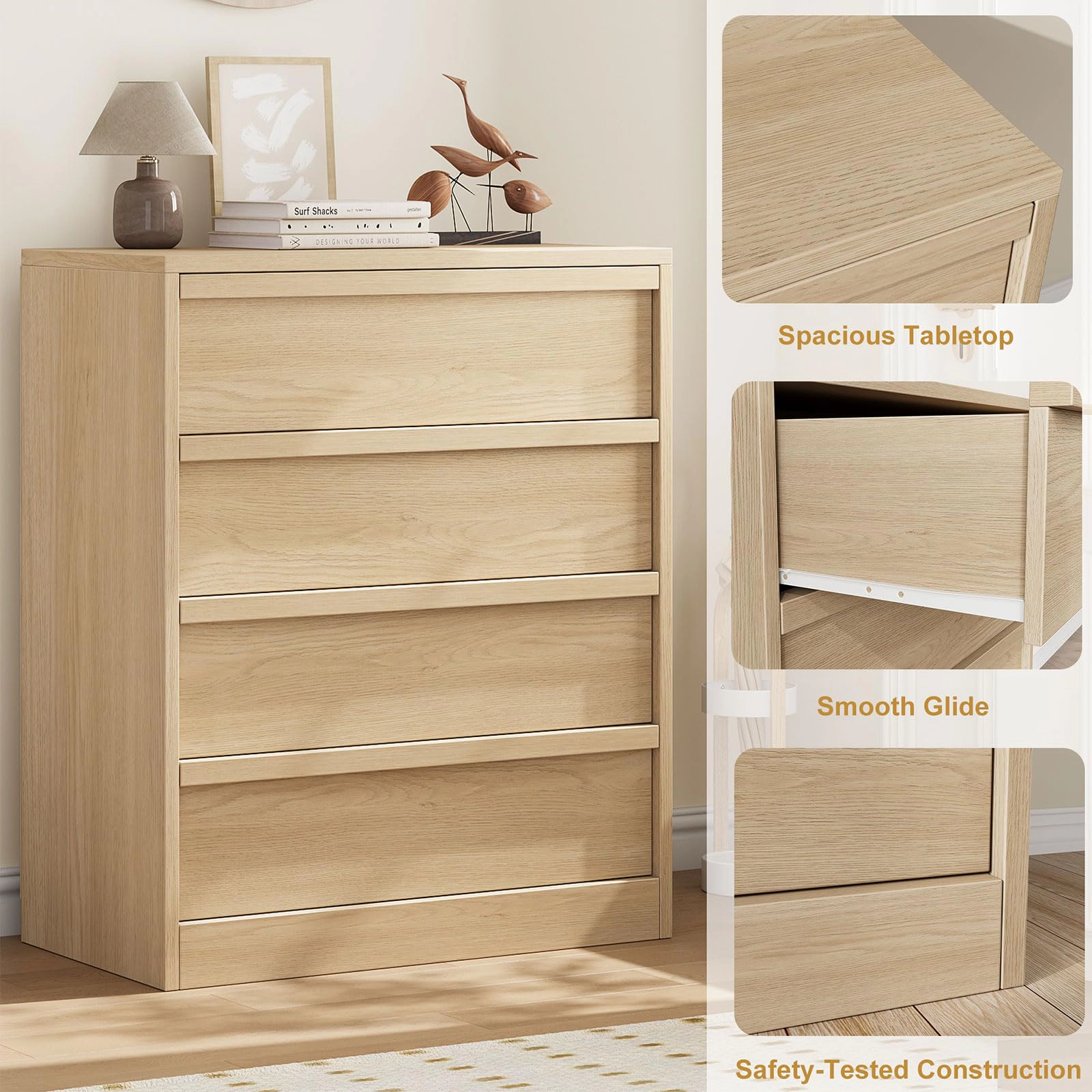 4 Drawer Tall Dresser Nightstand, Modern Small Chest with Storage for Bedroom, Nursery or Entryway