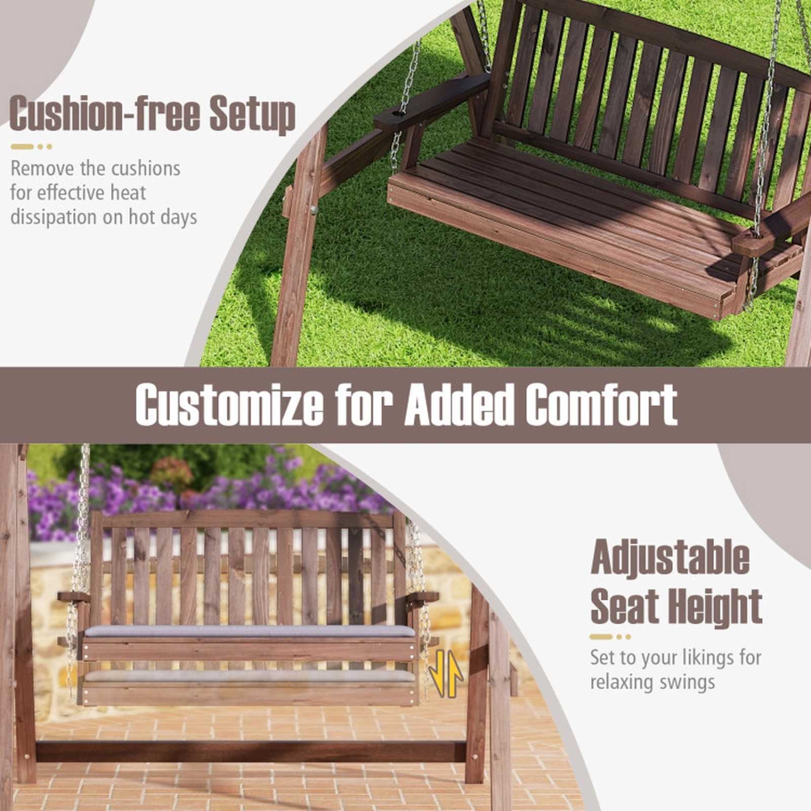 SUGIFT 2-Person Brown Wood Porch Swing with Tilt Canopy and Cushion 67-in W 47-in D 66.5-in H 661-lb Seat Capacity