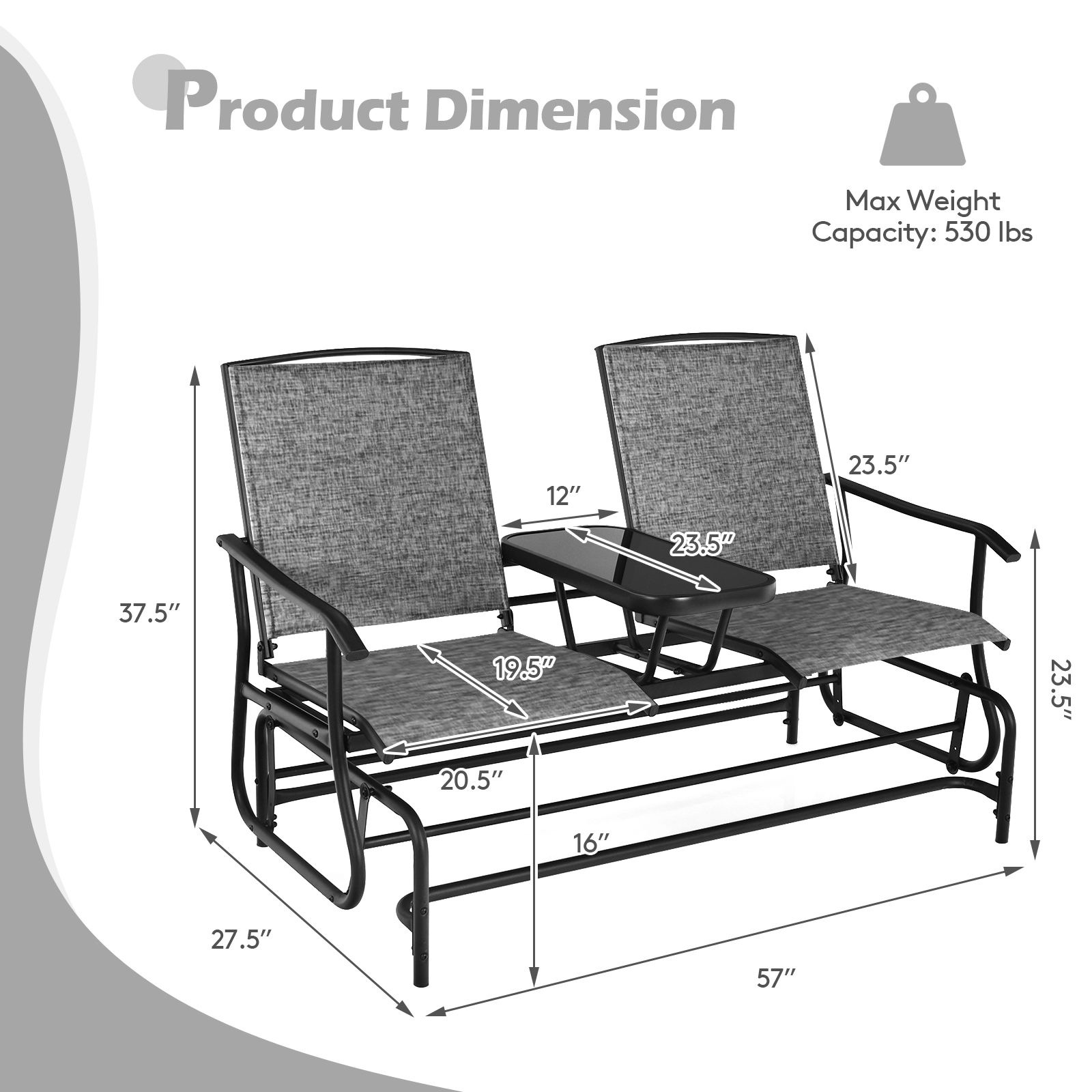 SUGIFT 2-Person Rocking Loveseat with Center Tempered Glass Table 530-lb Capacity Gray