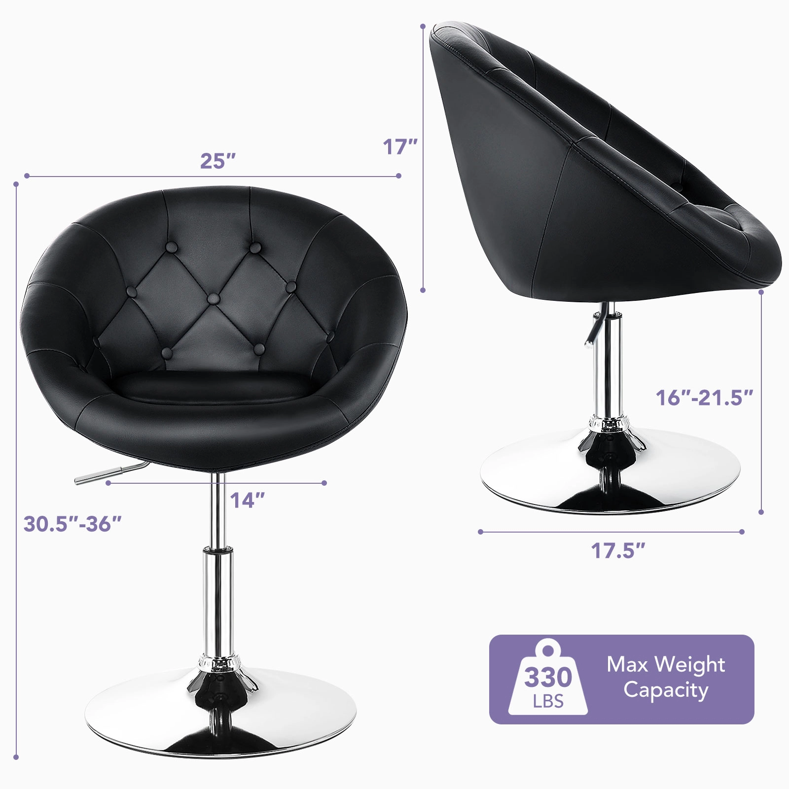 SUGIFT Adjustable Swivel Round PU Leather Accent Chair 330-Lb Capacity 30.5-36-in Adjustable Height Black