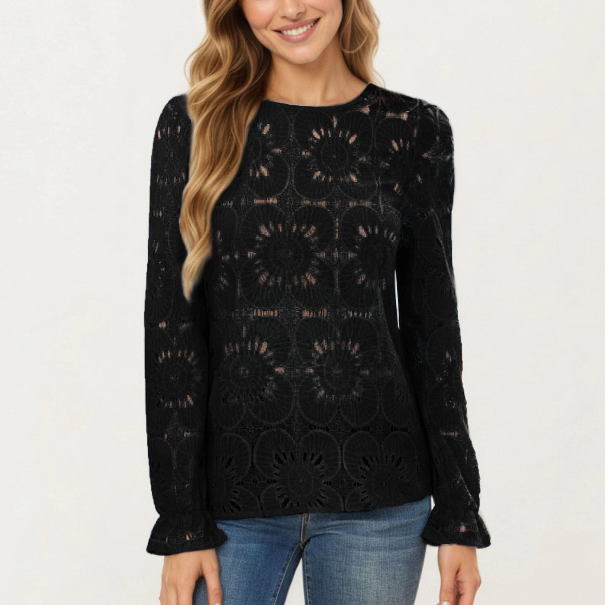 Anna-Kaci Women's Floral Lace Openwork Ruffle Cuff Long Sleeve Top