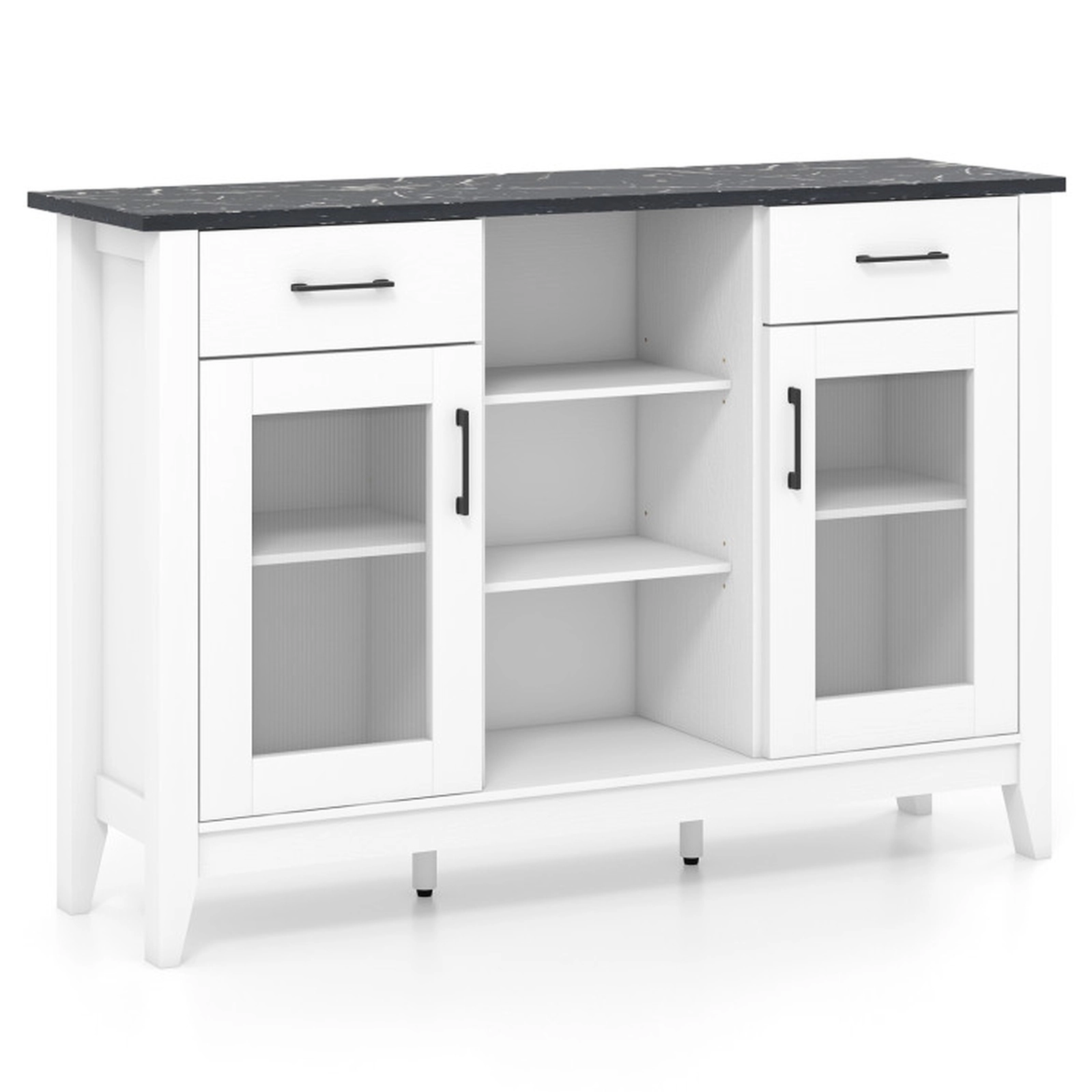 SUGIFT 2-Drawer Faux Marble Top 3 Open Cubes Glass Doors Sideboard Buffet Cabinet 52-in x 15.5-in x 35.5-in White