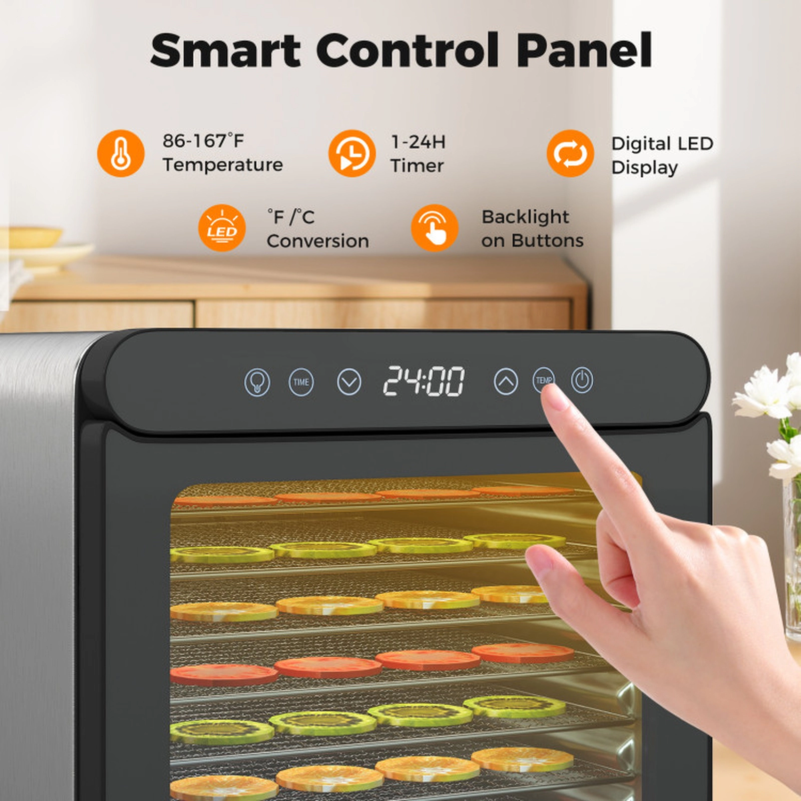 SUGIFT Silver 600W 7-Tray Stainless Steel Food Dehydrator with 1-24H Timer and Digital LED Display