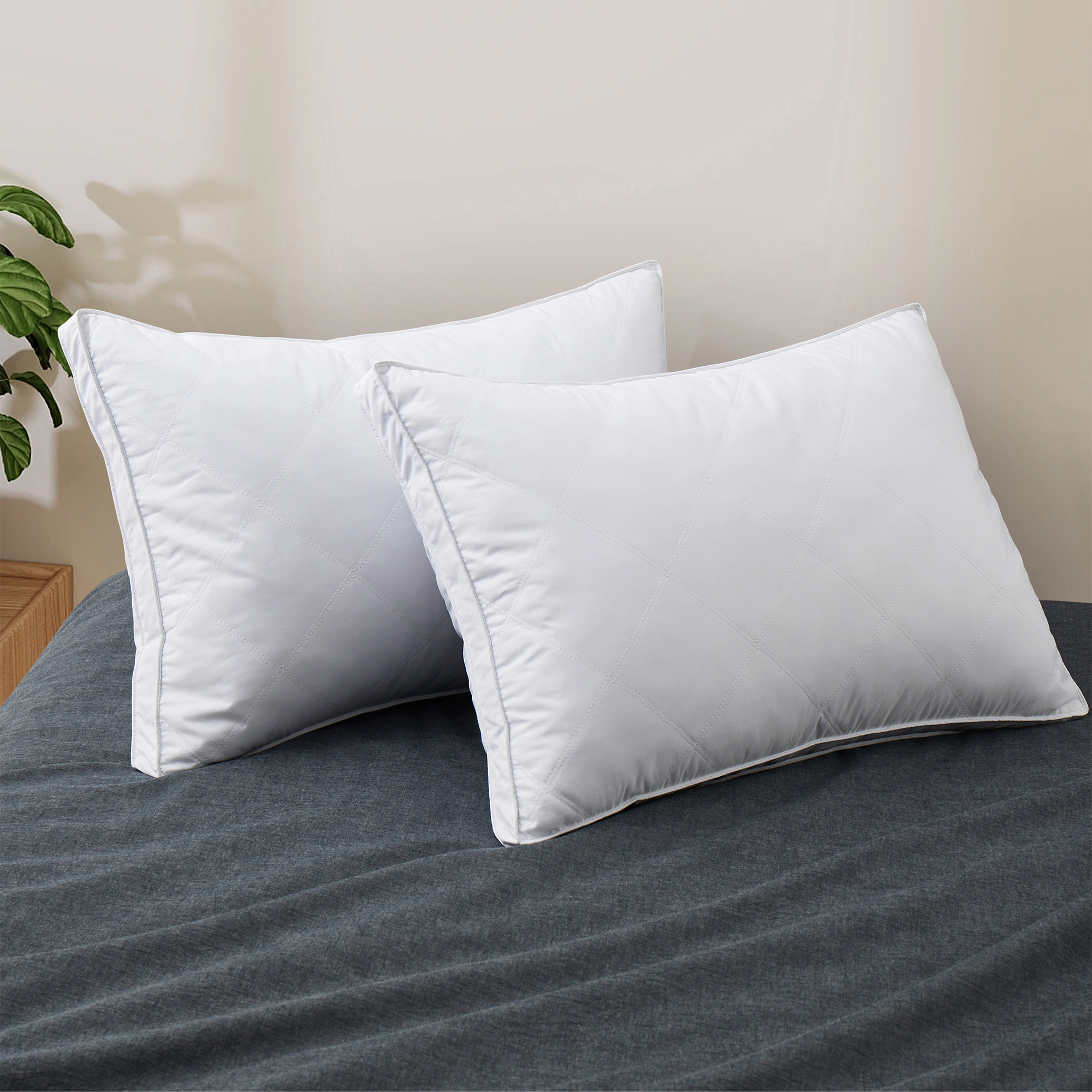 PeaceNest Goose Feather Bed Pillows with Diamond Quilting,Medium-Firm Support,Set of 2