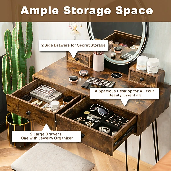 SUGIFT 3-Color Vanity Table and Stool Set with Lighted Mirror and ...