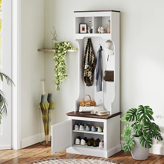 HONGGE Farmhouse Hall Tree with Bench and Shoe Cabinet for Entryways ...