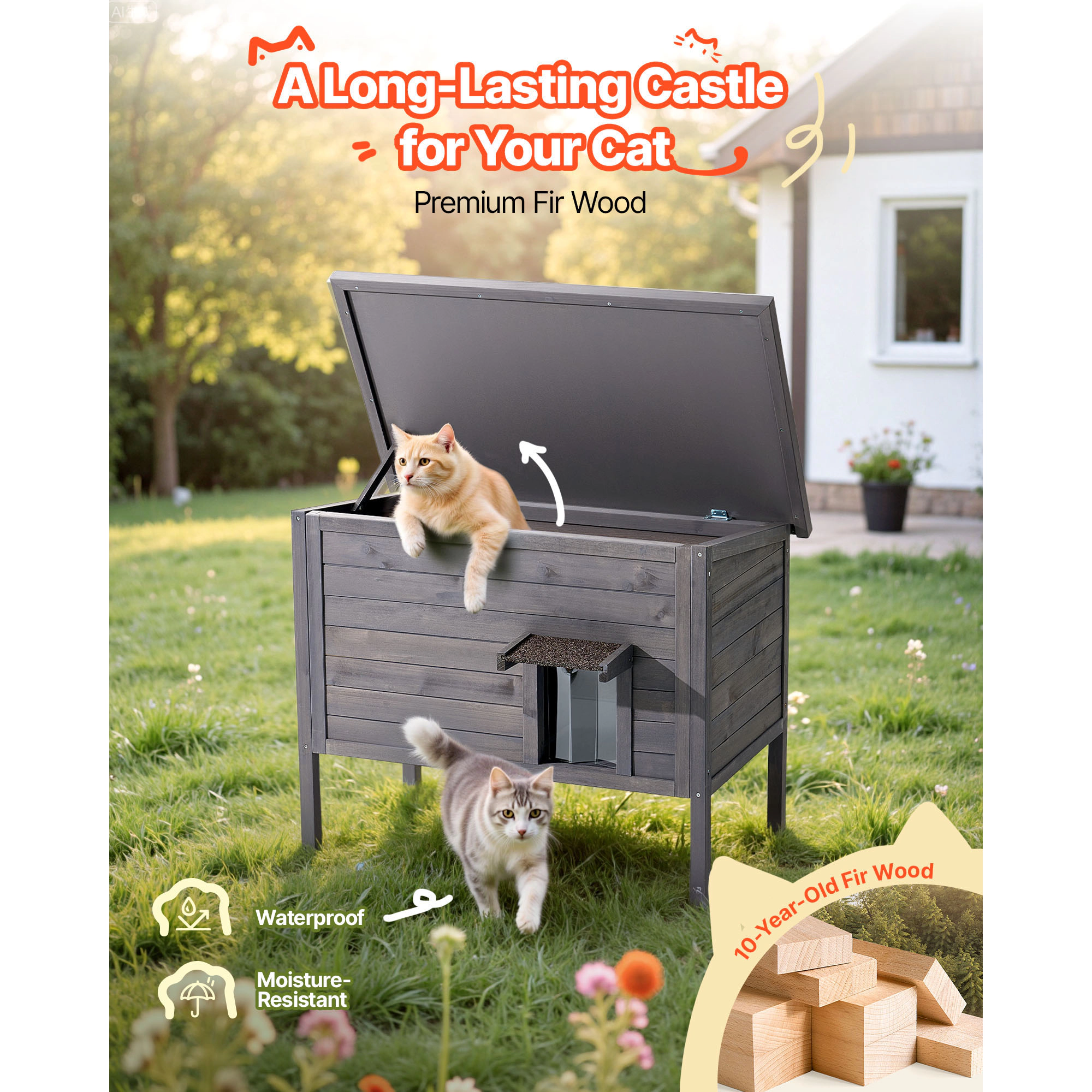 HONGGE Outdoor Wooden Cat House Shelter for Feral Cats Winter with Waterproof Roof