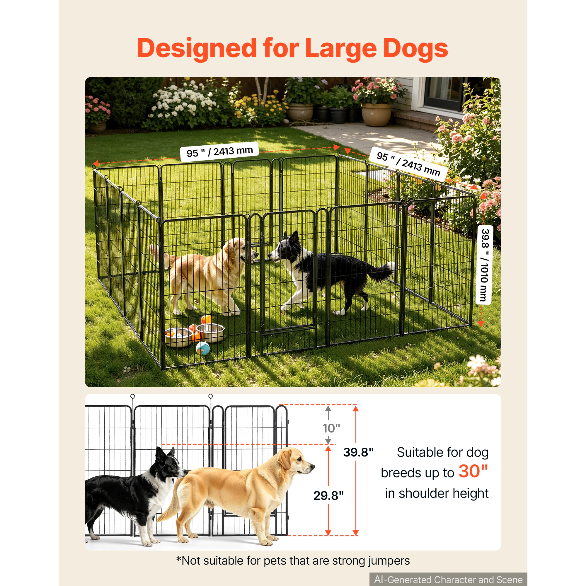 HONGGE 40-Inch 16-Panel Heavy Duty Metal Dog Exercise Pen for Large Dogs, Foldable Portable Pet Fence, Black