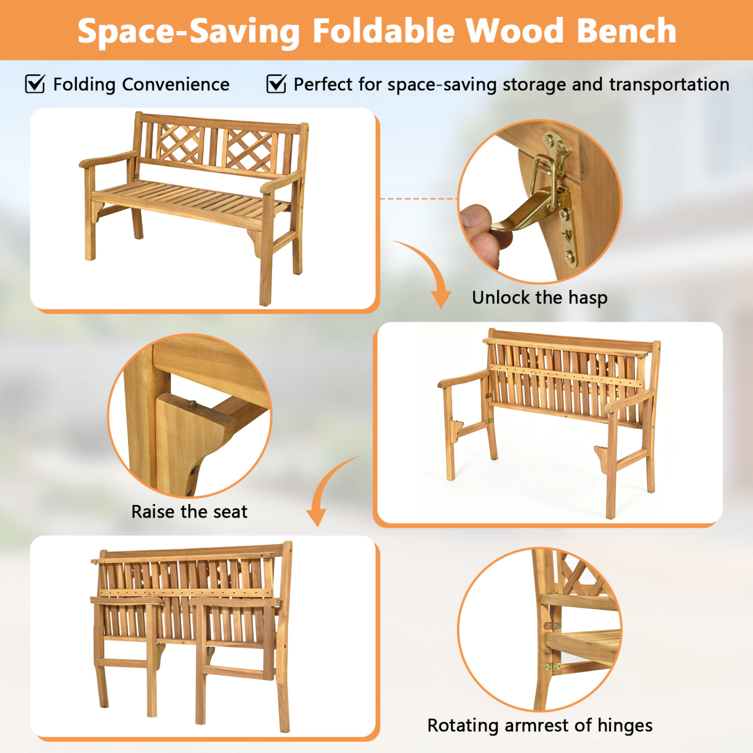 Hivvago Patio Foldable Bench With Curved Backrest And Armrest