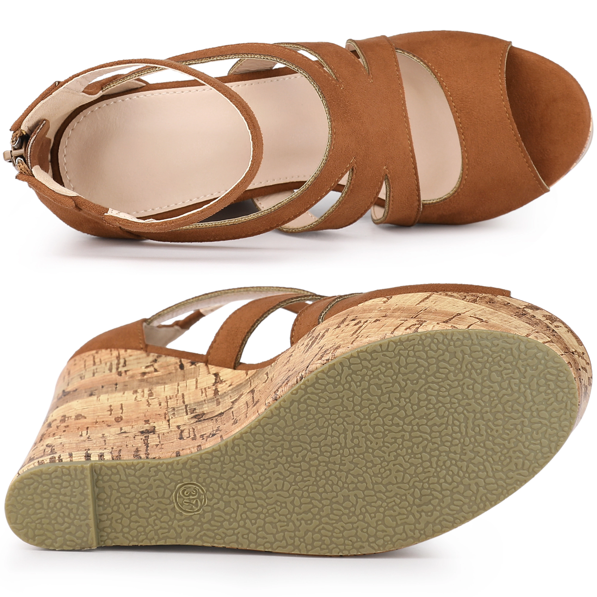BLISSFUL STEP Women's Platform Peep Toe Cutout Caged Cork Wedge Heel Sandals