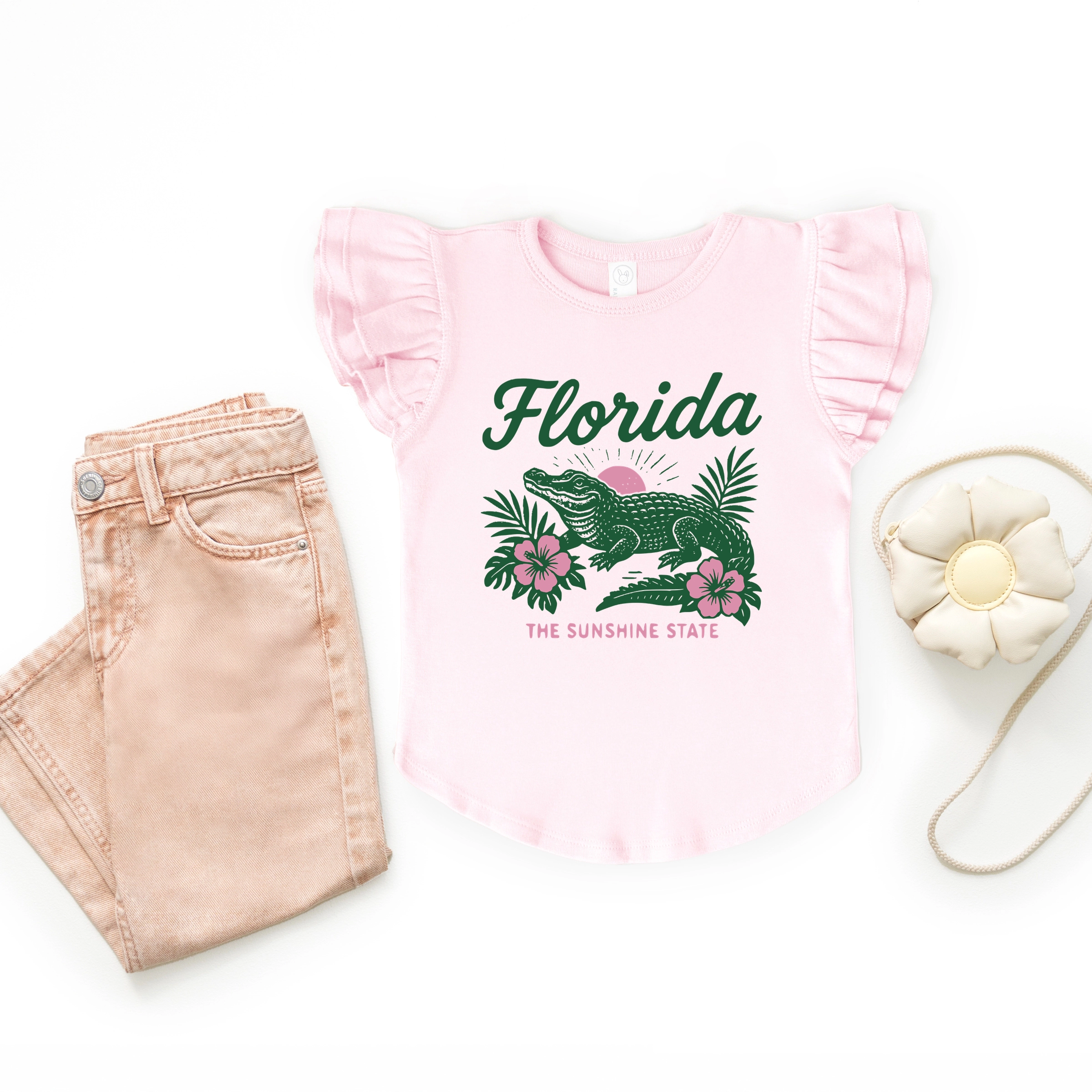 The Juniper Shop - Girl's Flutter Sleeve Graphic T-Shirt Florida Alligator