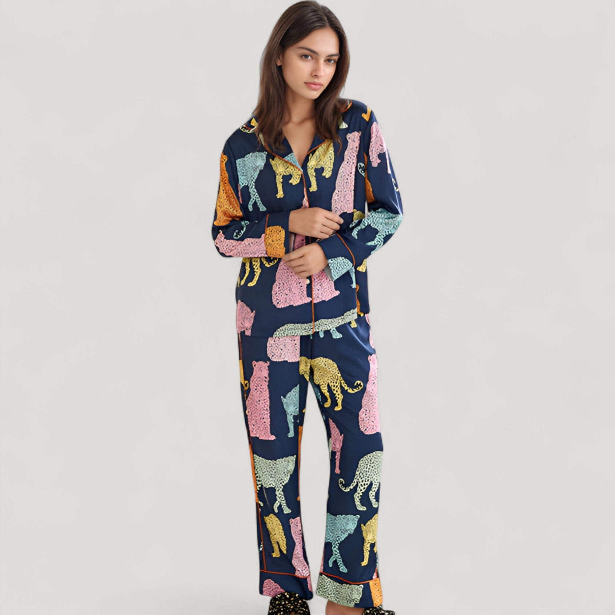 Anna-Kaci Women's Satin Multicolor Leopard Print Pajama Set with Button Up Long Sleeve Shirt and Relaxed Fit Pants