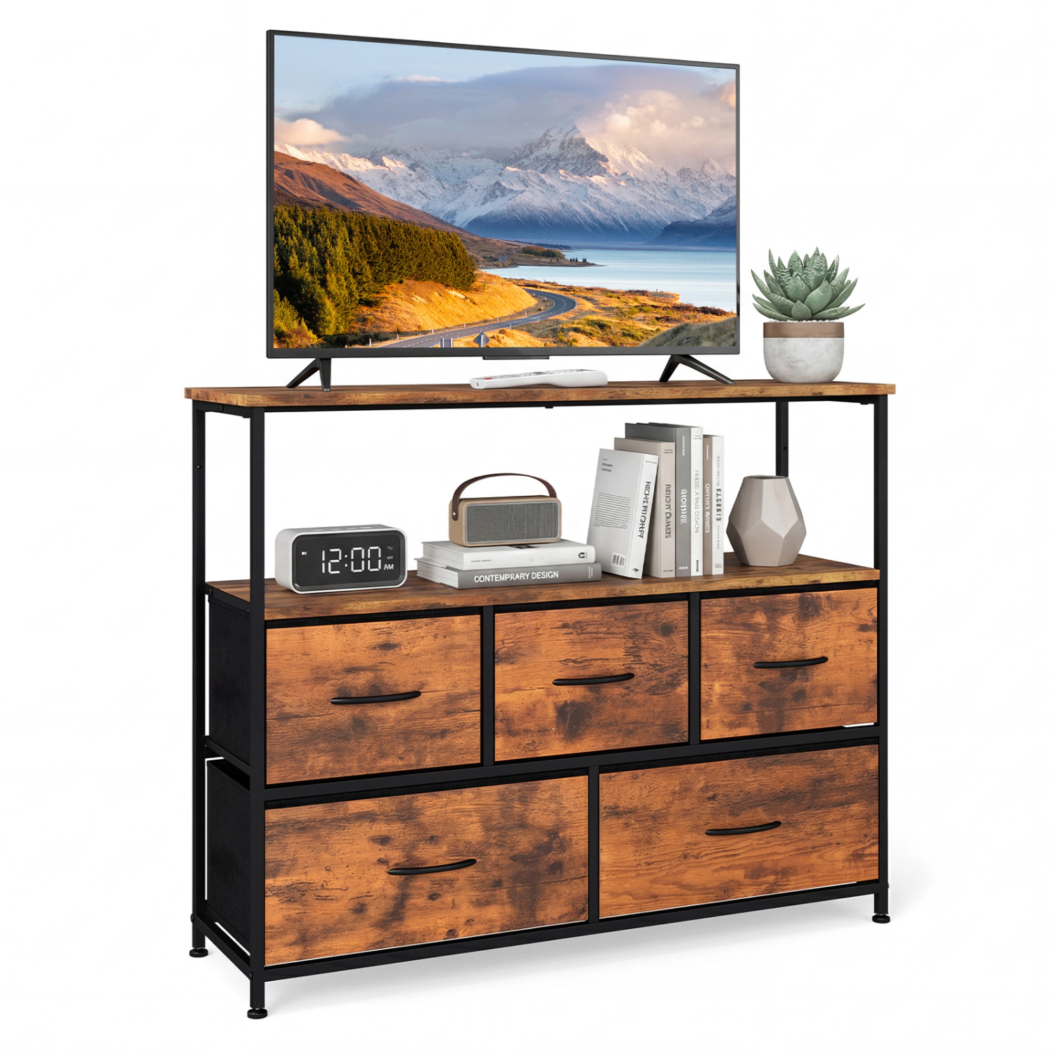 Glintex 39.5-Inch TV Stand Dresser with 5 Fabric Drawers and Open Shelf, Rustic Brown