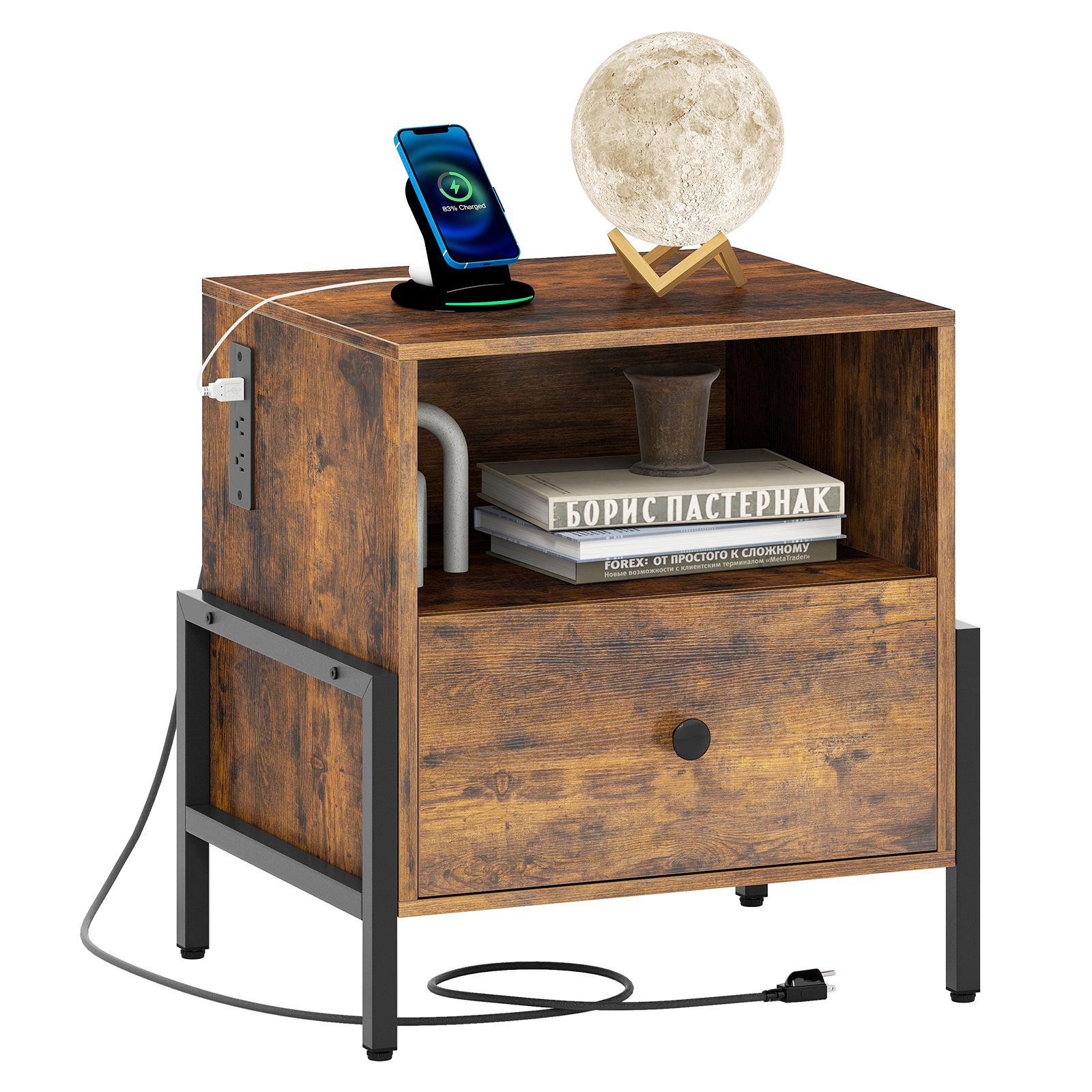 Glintex UL and ETL Certified Nightstand with Side-Mounted Charging Station, Rustic Brown