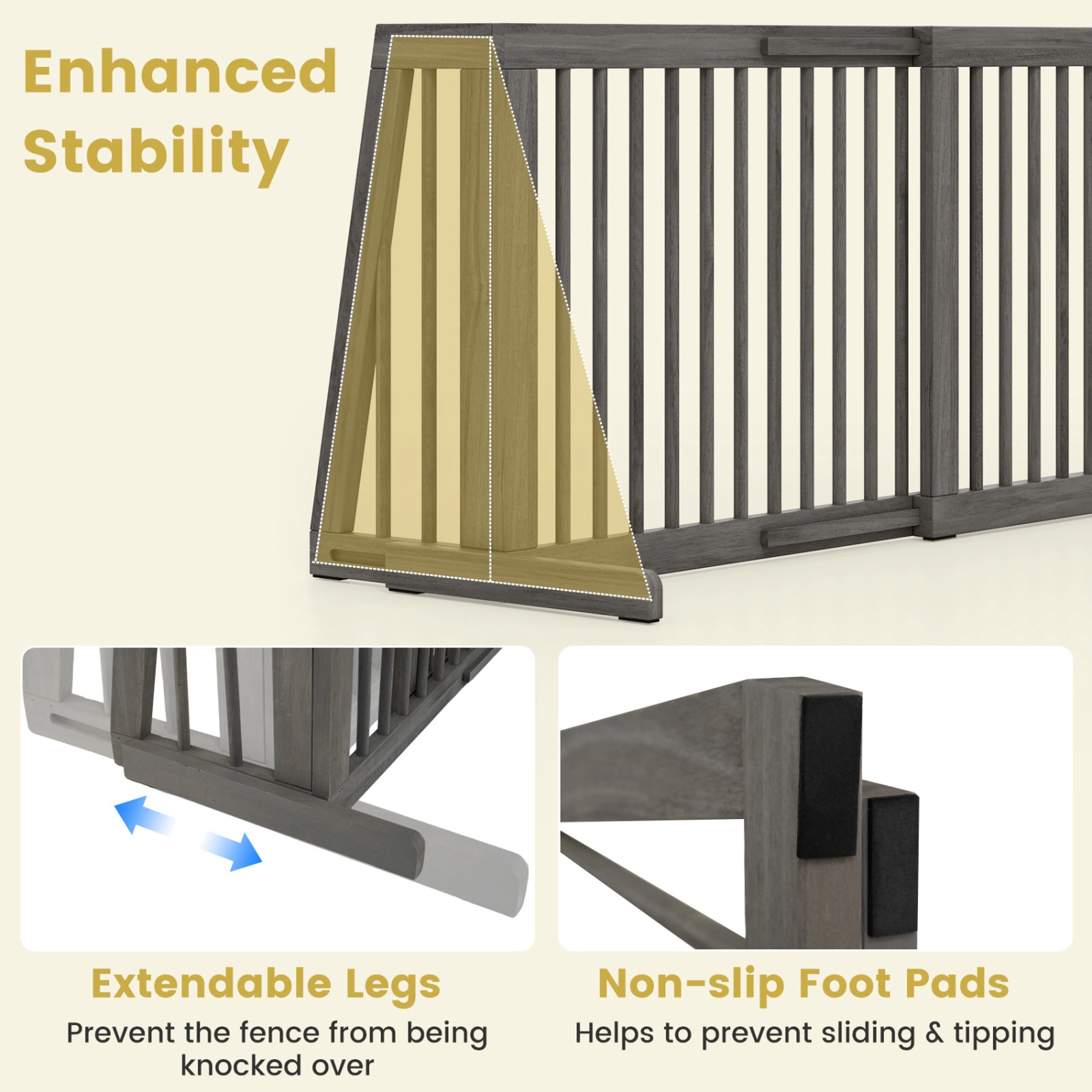 SUGIFT Folding Adjustable Free Standing 3 Panel Pine Wood Pet Gate 80-in Wide 22-in Tall Brown/Gray
