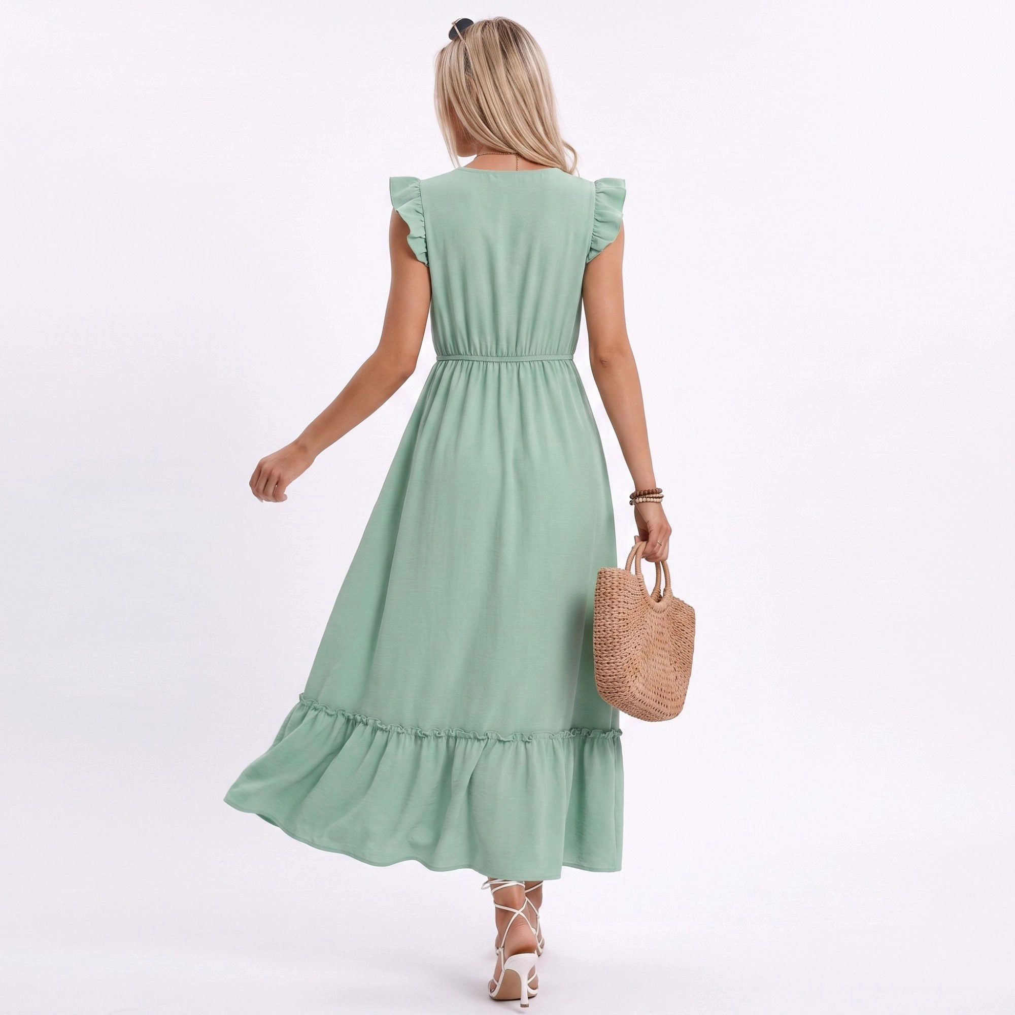 Anna-Kaci Women's Lace Trim Ruffle Sleeve Tie Neck Tiered Hem Midi Dress